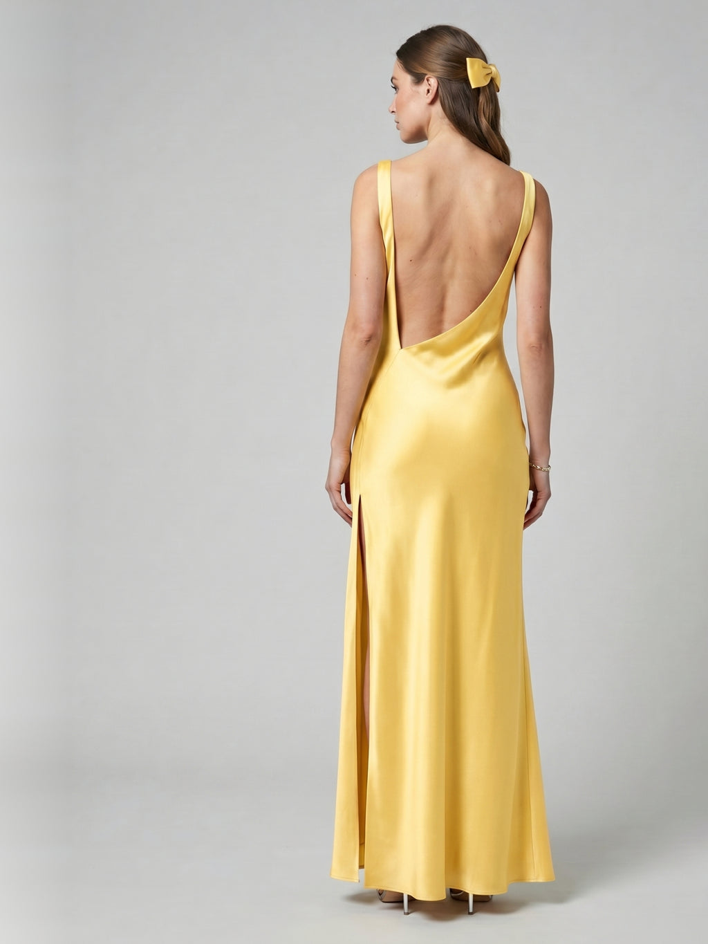 Simple Daffodil Satin Column Straight Neck Ankle-Length Bridesmaid Dress with Minimalist Design