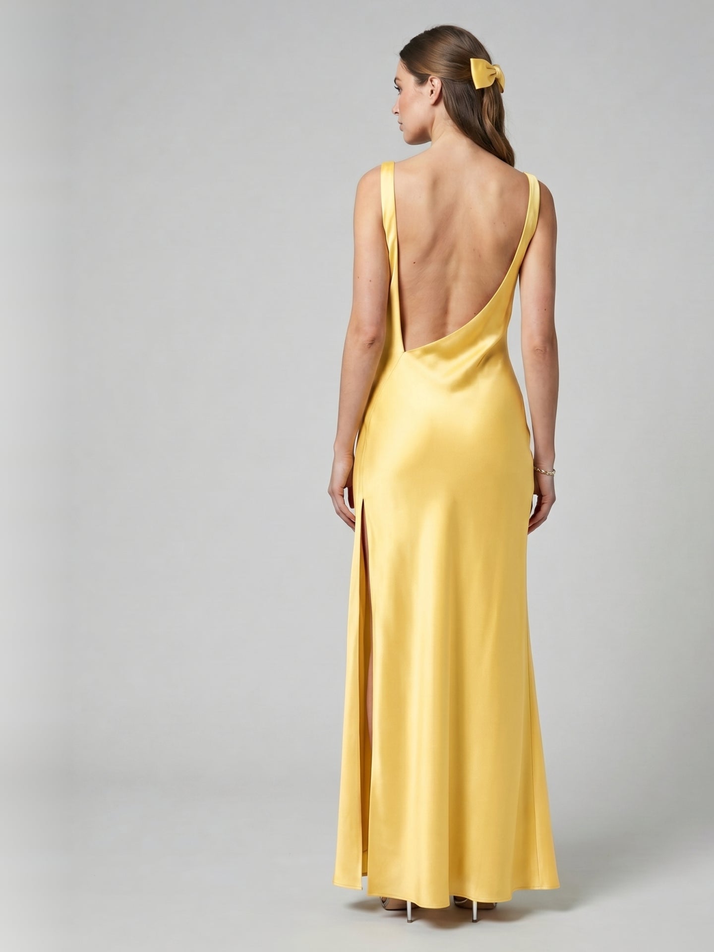Simple Daffodil Satin Column Straight Neck Ankle-Length Bridesmaid Dress with Minimalist Design