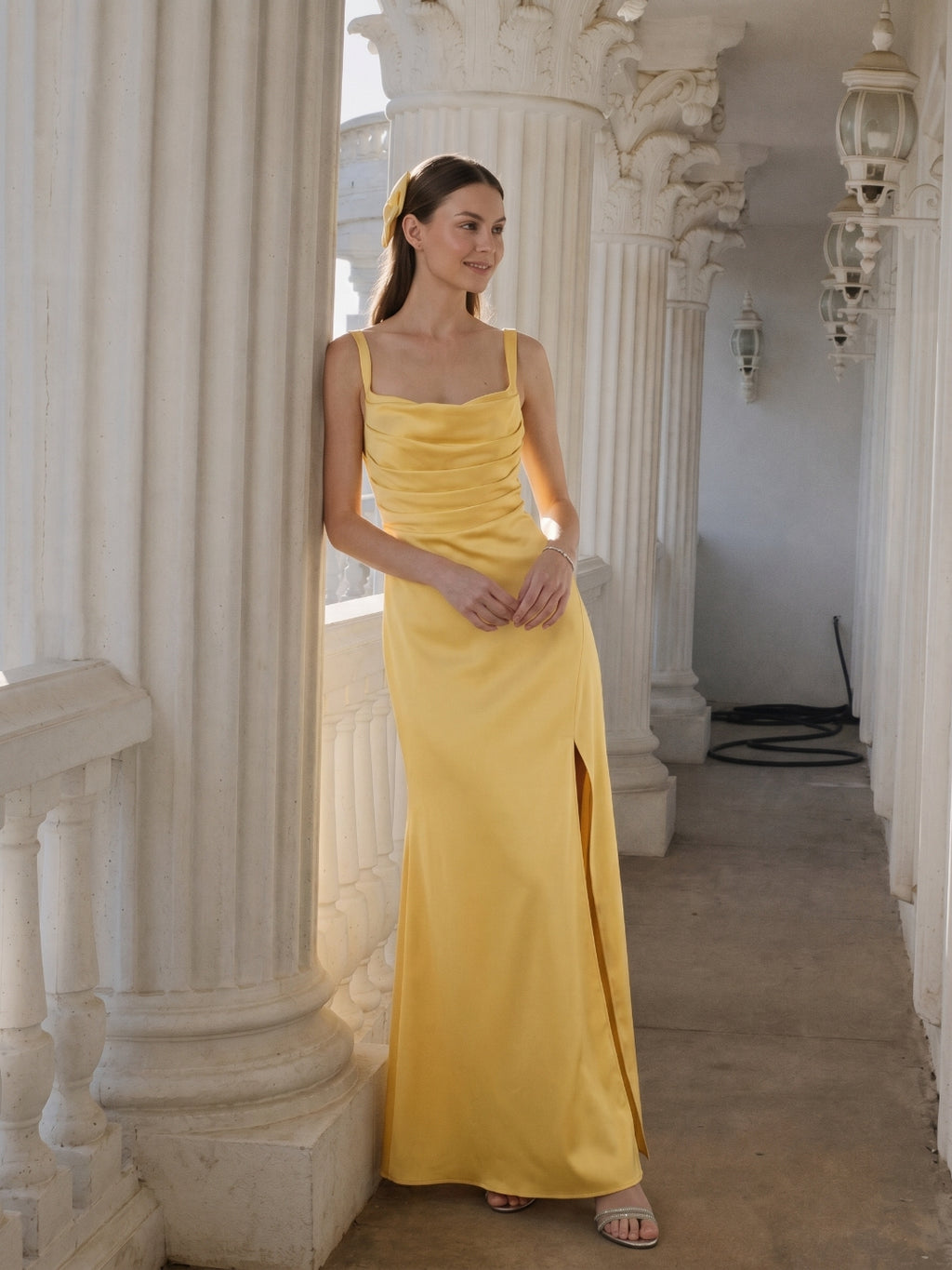 Simple Daffodil Satin Column Straight Neck Ankle-Length Bridesmaid Dress with Minimalist Design