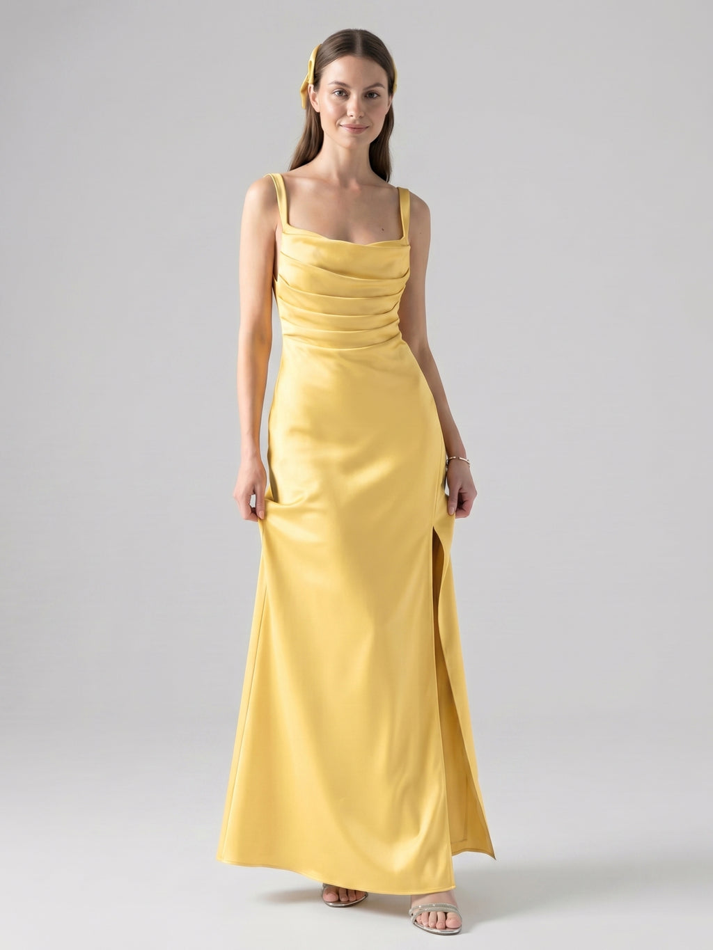 Simple Daffodil Satin Column Straight Neck Ankle-Length Bridesmaid Dress with Minimalist Design