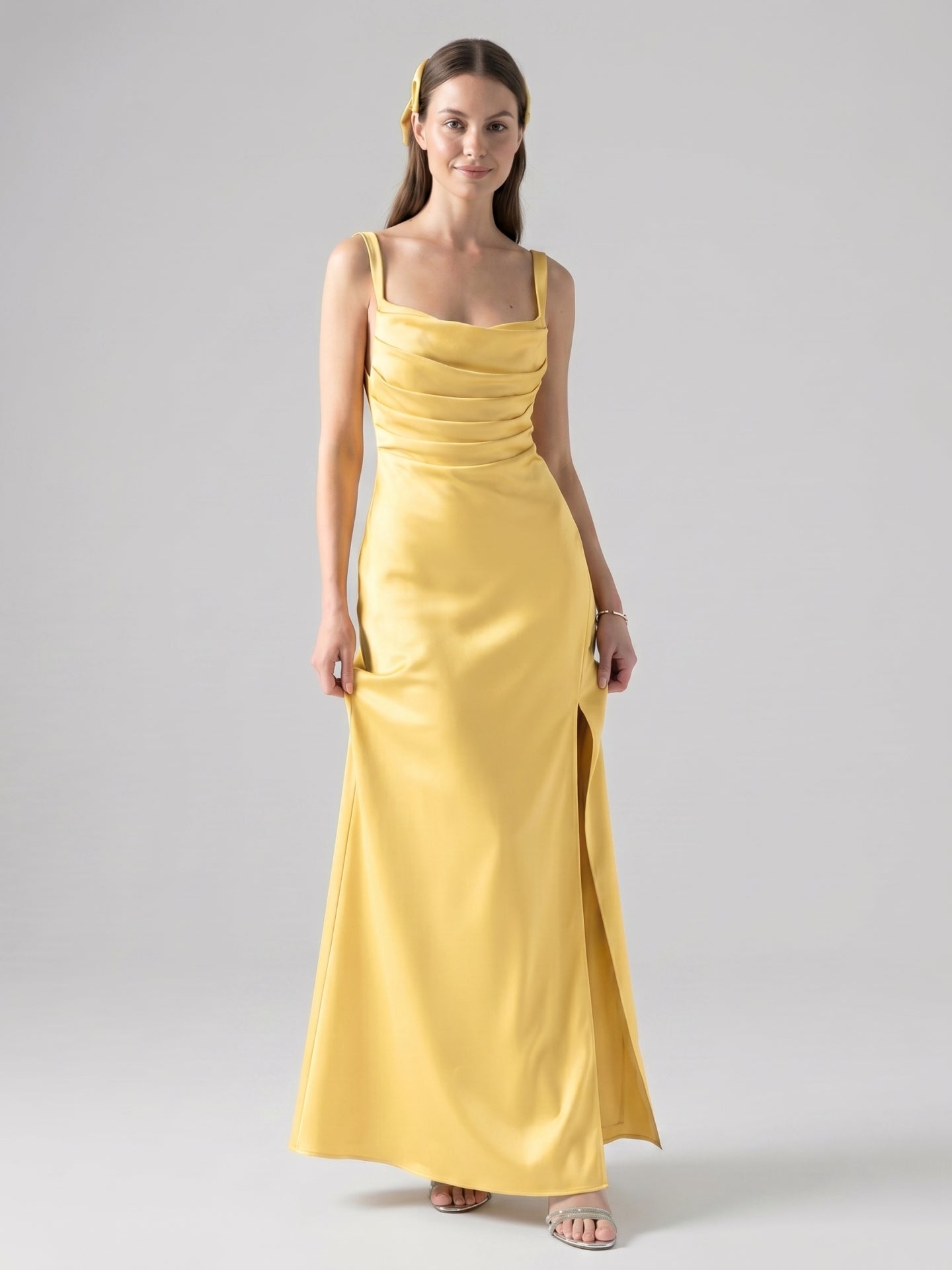 Simple Daffodil Satin Column Straight Neck Ankle-Length Bridesmaid Dress with Minimalist Design