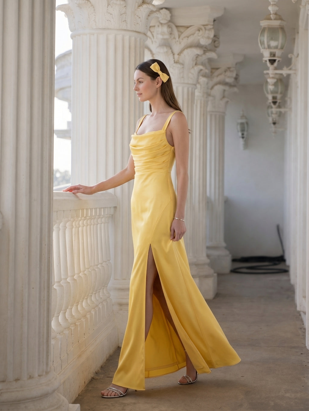 Simple Daffodil Satin Column Straight Neck Ankle-Length Bridesmaid Dress with Minimalist Design