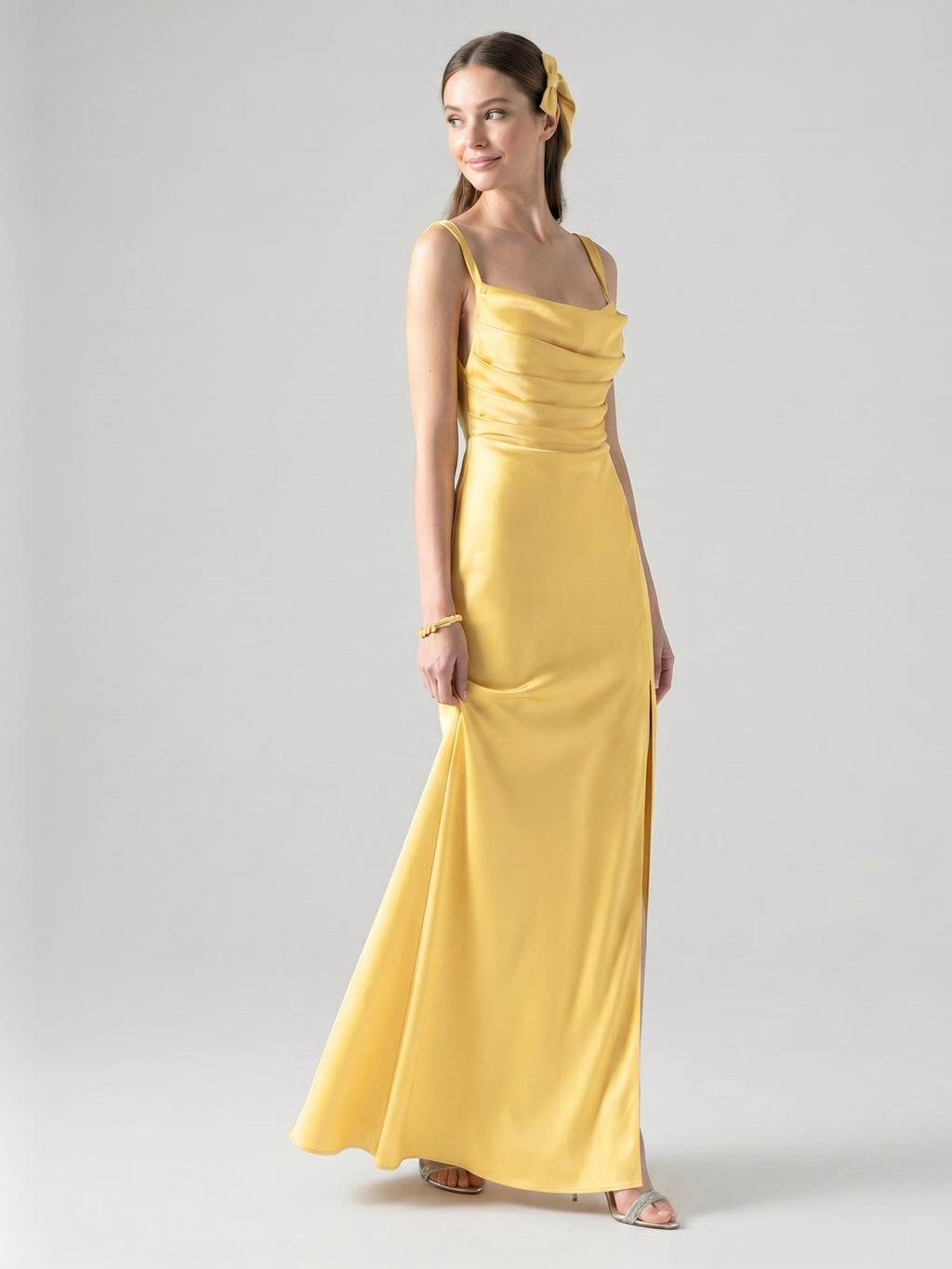 Simple Daffodil Satin Column Straight Neck Ankle-Length Bridesmaid Dress with Minimalist Design