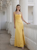 Simple Daffodil Satin Column Straight Neck Ankle-Length Bridesmaid Dress with Minimalist Design