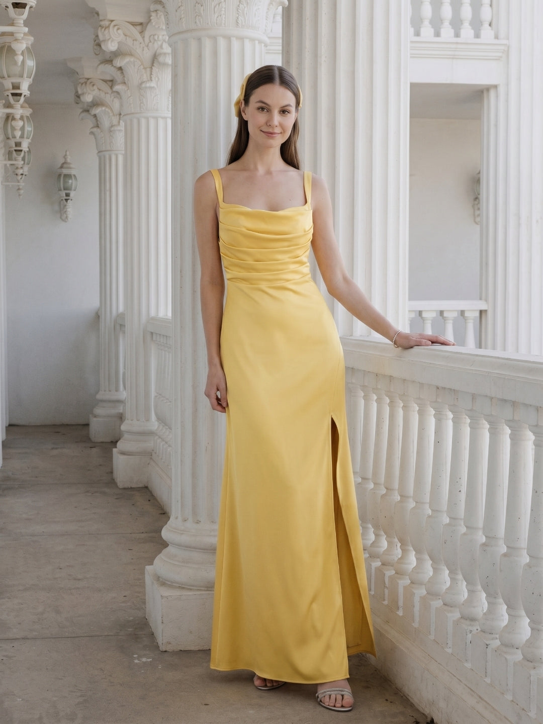 Simple Daffodil Satin Column Straight Neck Ankle-Length Bridesmaid Dress with Minimalist Design