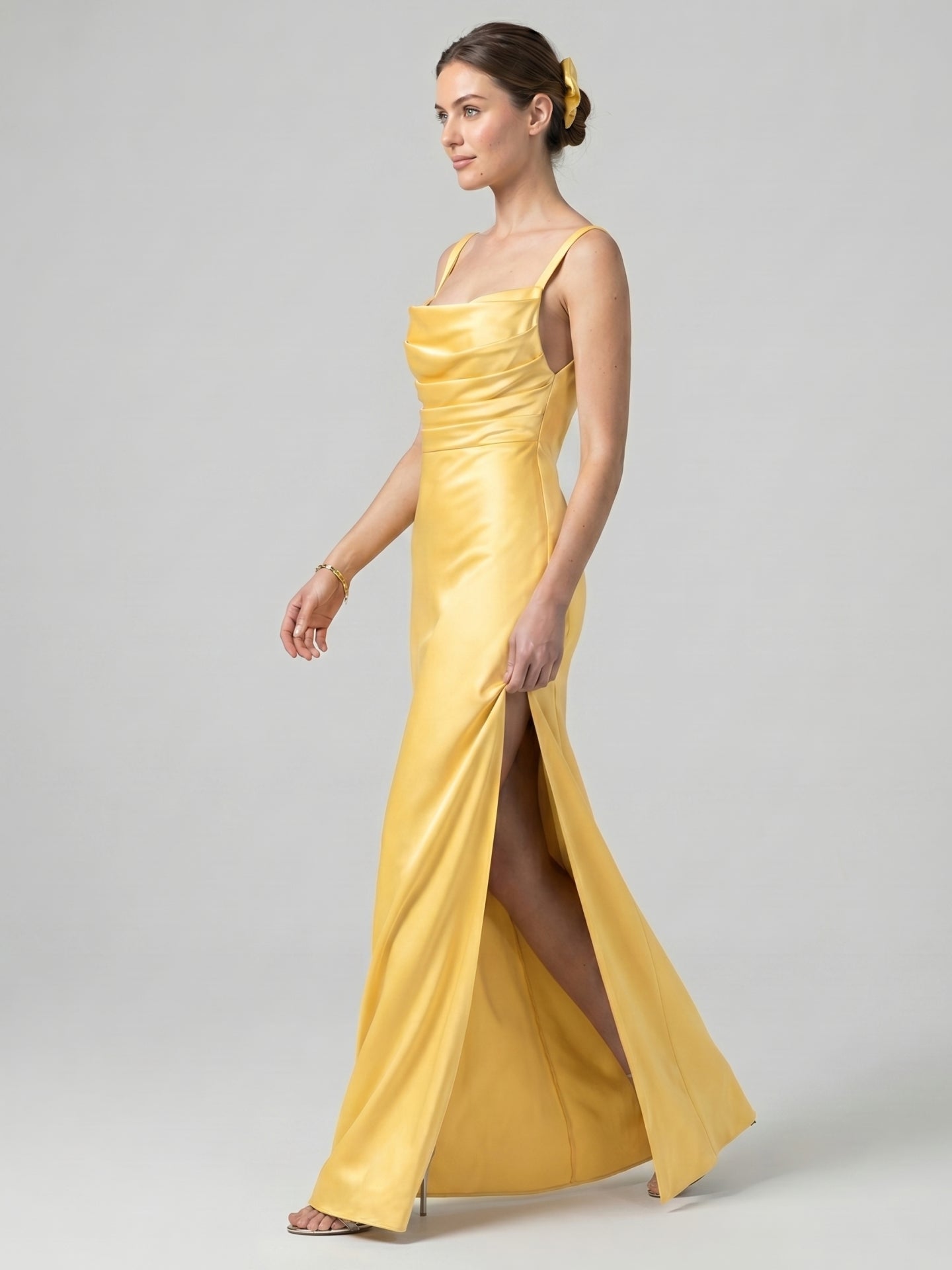 Simple Daffodil Satin Column Straight Neck Ankle-Length Bridesmaid Dress with Minimalist Design