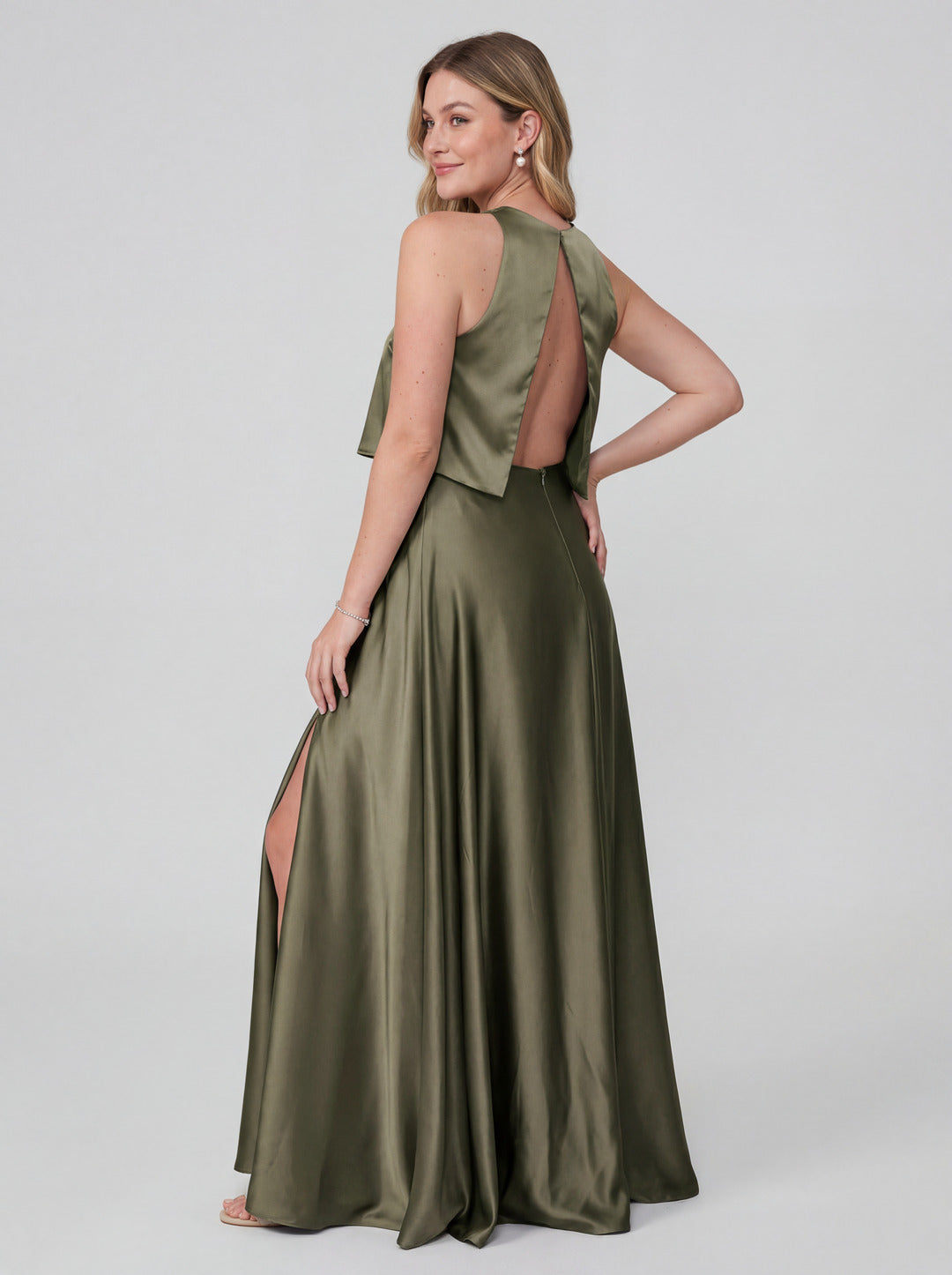 Simple Olive Green Satin A-Line Scoop Neck Backless Ankle-Length Bridesmaid Dress