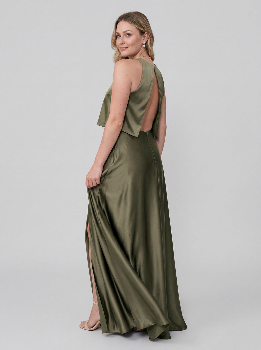 Simple Olive Green Satin A-Line Scoop Neck Backless Ankle-Length Bridesmaid Dress