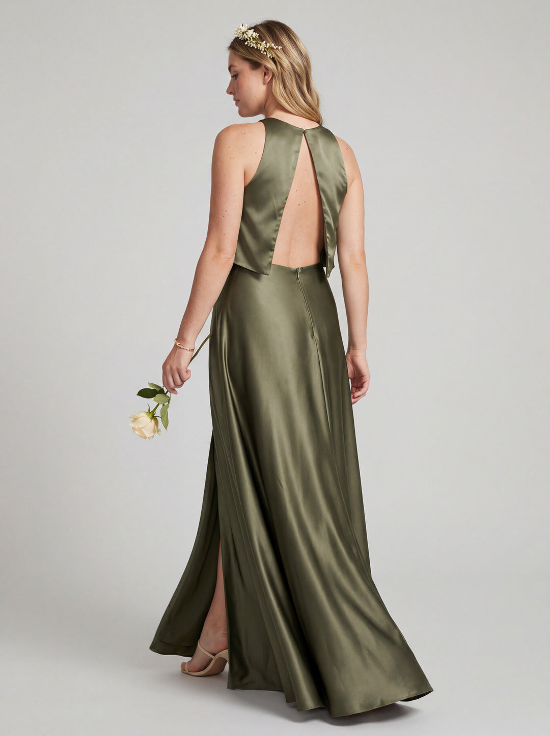 Simple Olive Green Satin A-Line Scoop Neck Backless Ankle-Length Bridesmaid Dress