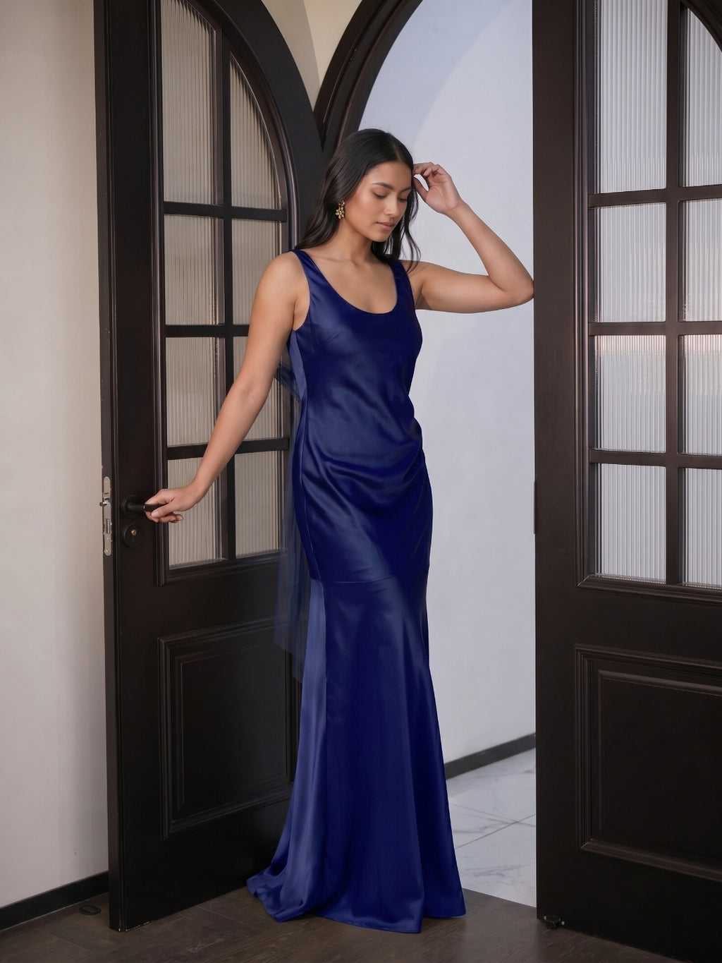 Simple Dark Navy Satin Trumpet Bridesmaid Dress
