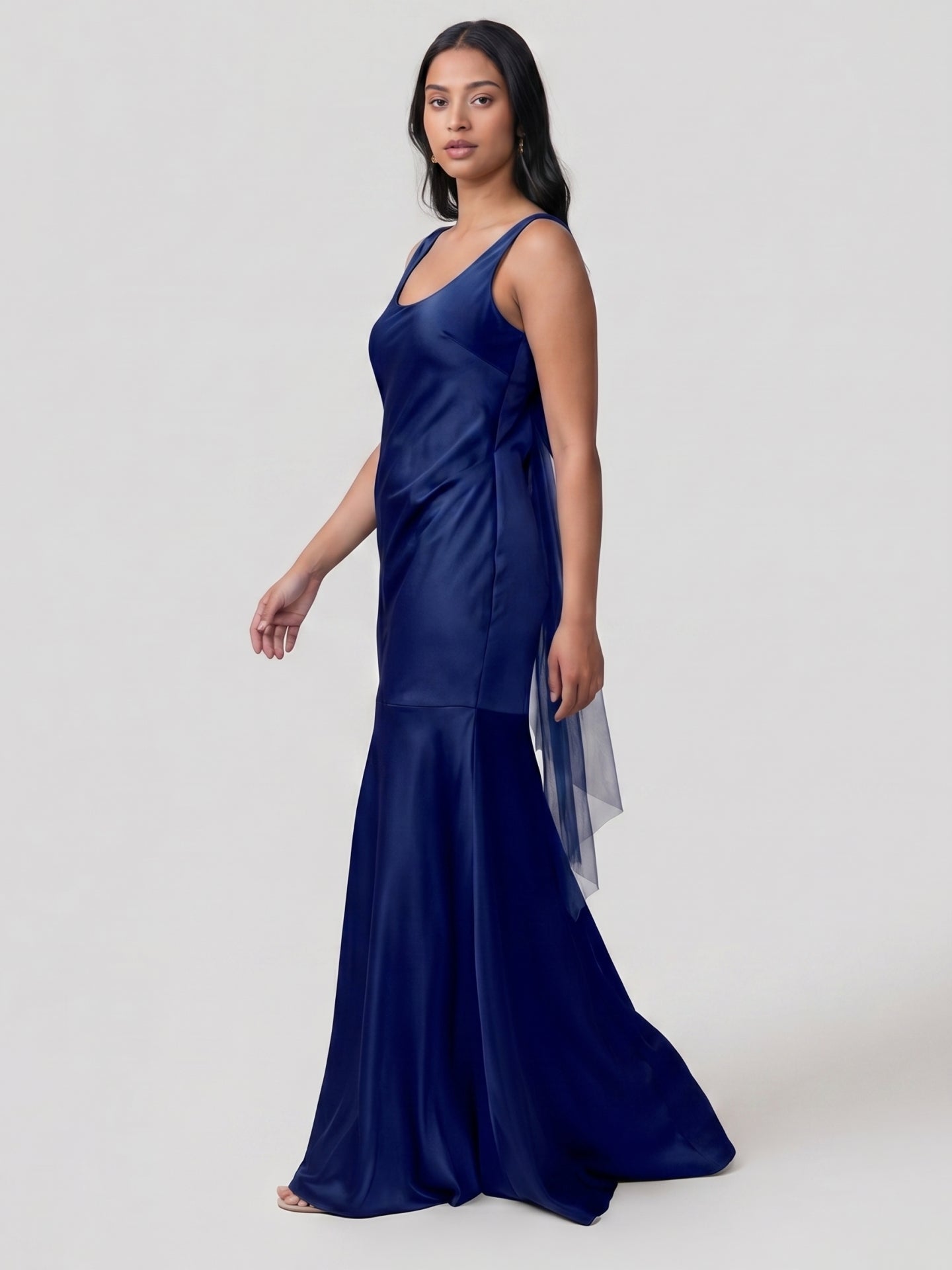 Simple Dark Navy Satin Trumpet Bridesmaid Dress