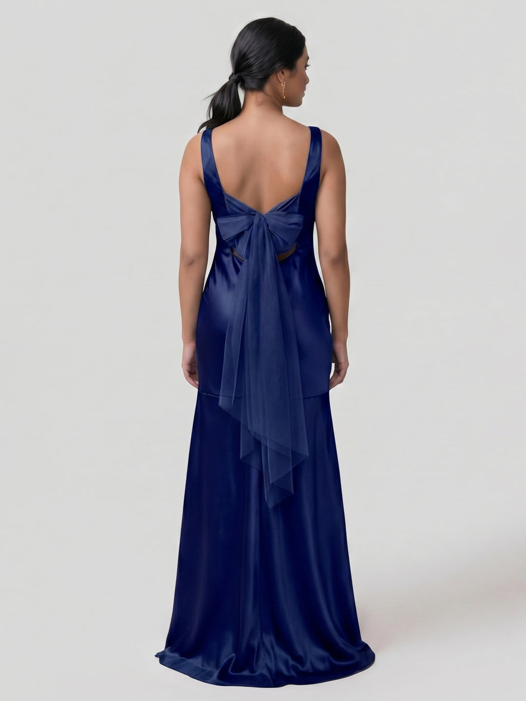 Simple Dark Navy Satin Trumpet Bridesmaid Dress