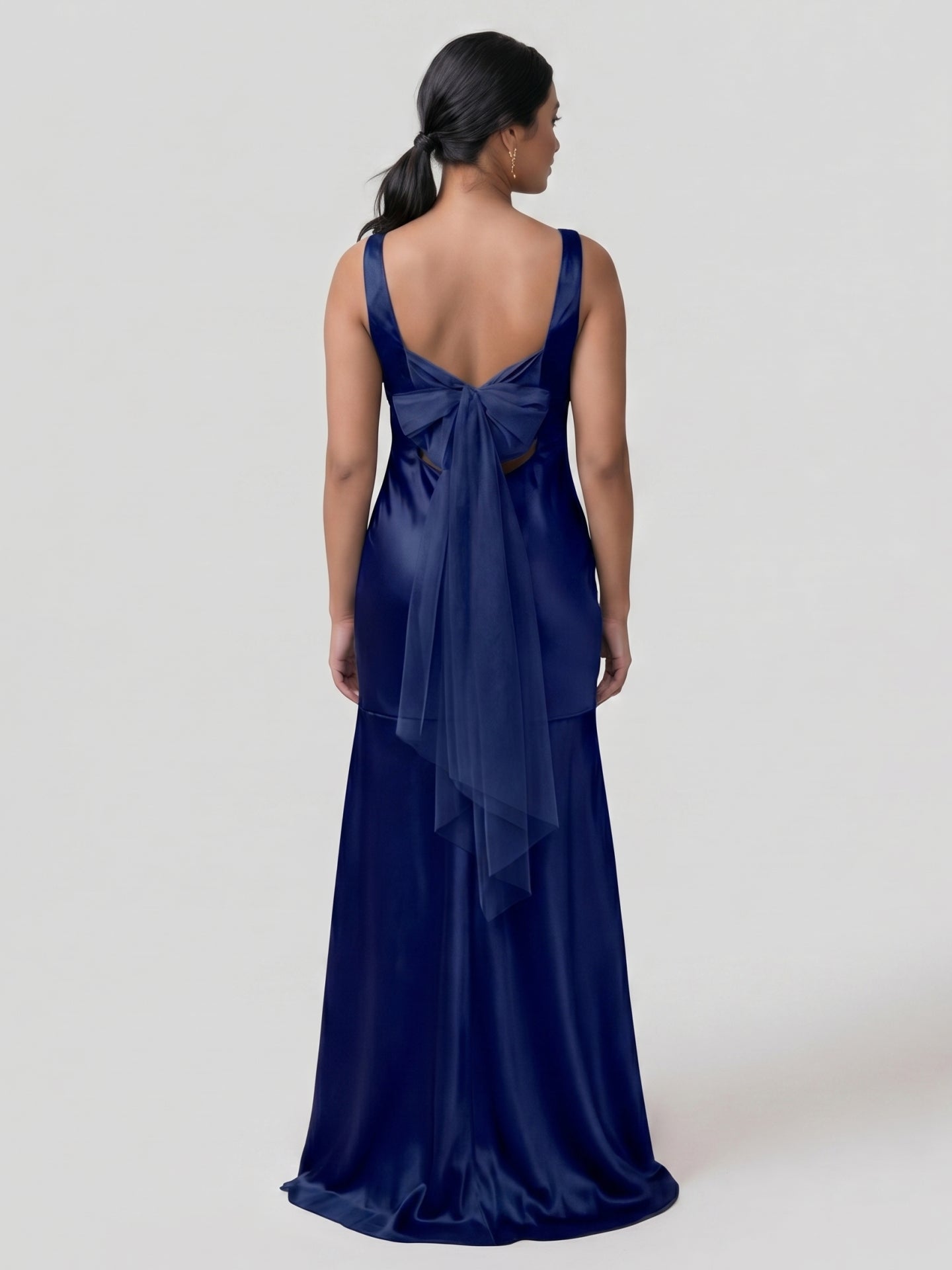 Simple Dark Navy Satin Trumpet Bridesmaid Dress