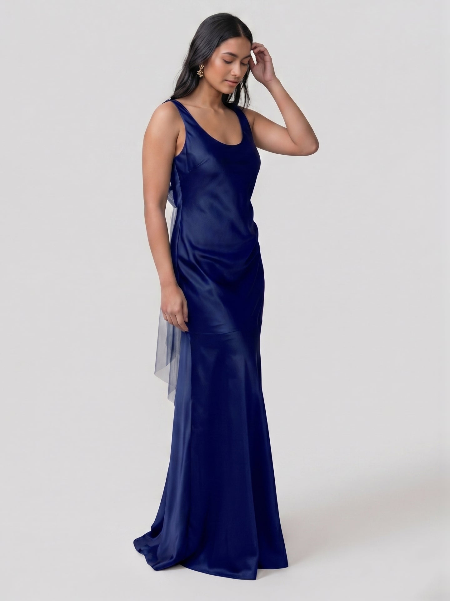 Simple Dark Navy Satin Trumpet Bridesmaid Dress