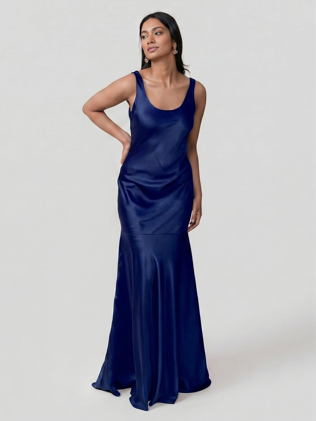 Simple Dark Navy Satin Trumpet Bridesmaid Dress