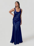 Simple Dark Navy Satin Trumpet Bridesmaid Dress