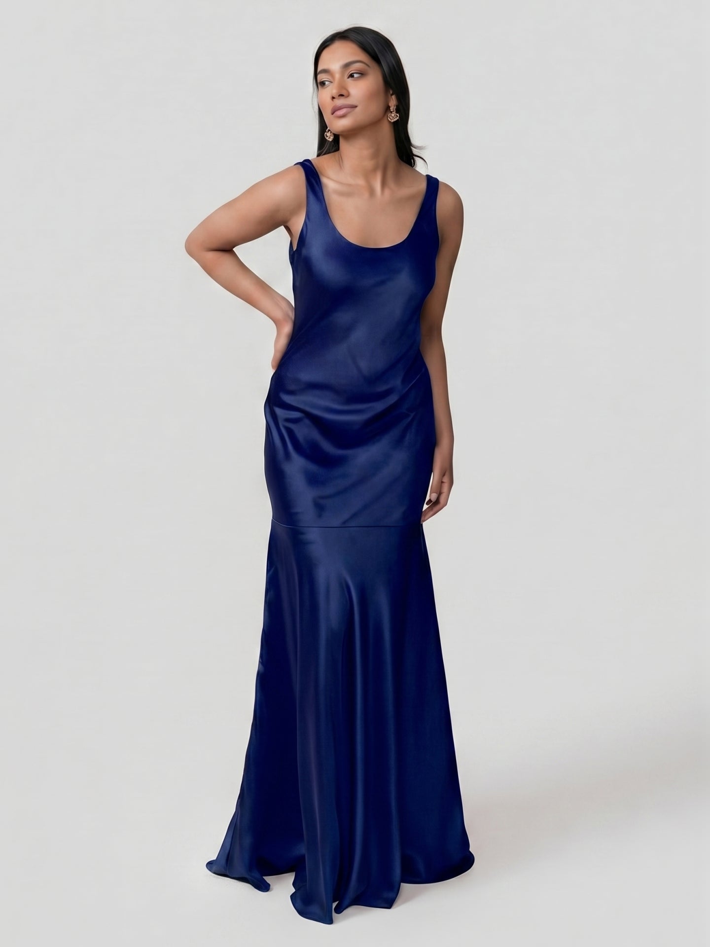 Simple Dark Navy Satin Trumpet Bridesmaid Dress