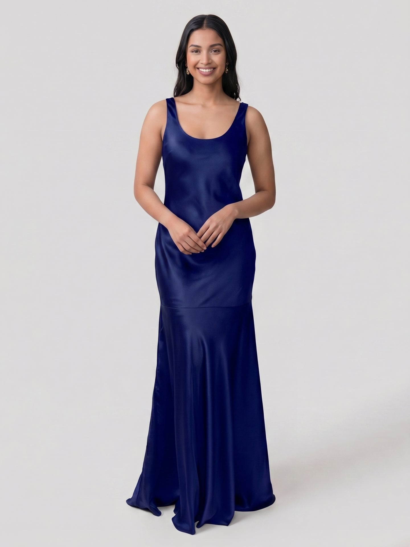 Simple Dark Navy Satin Trumpet Bridesmaid Dress