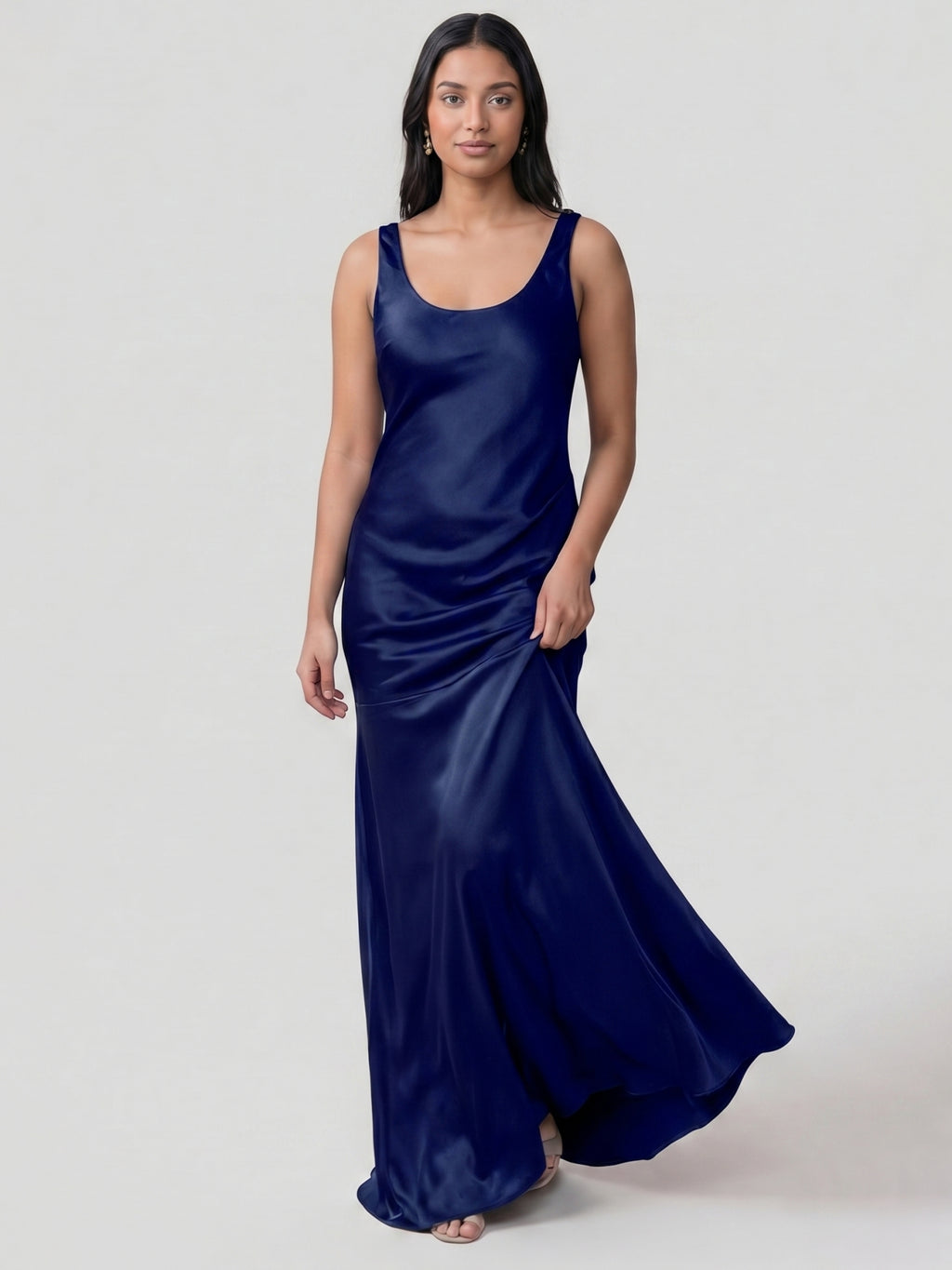 Simple Dark Navy Satin Trumpet Bridesmaid Dress