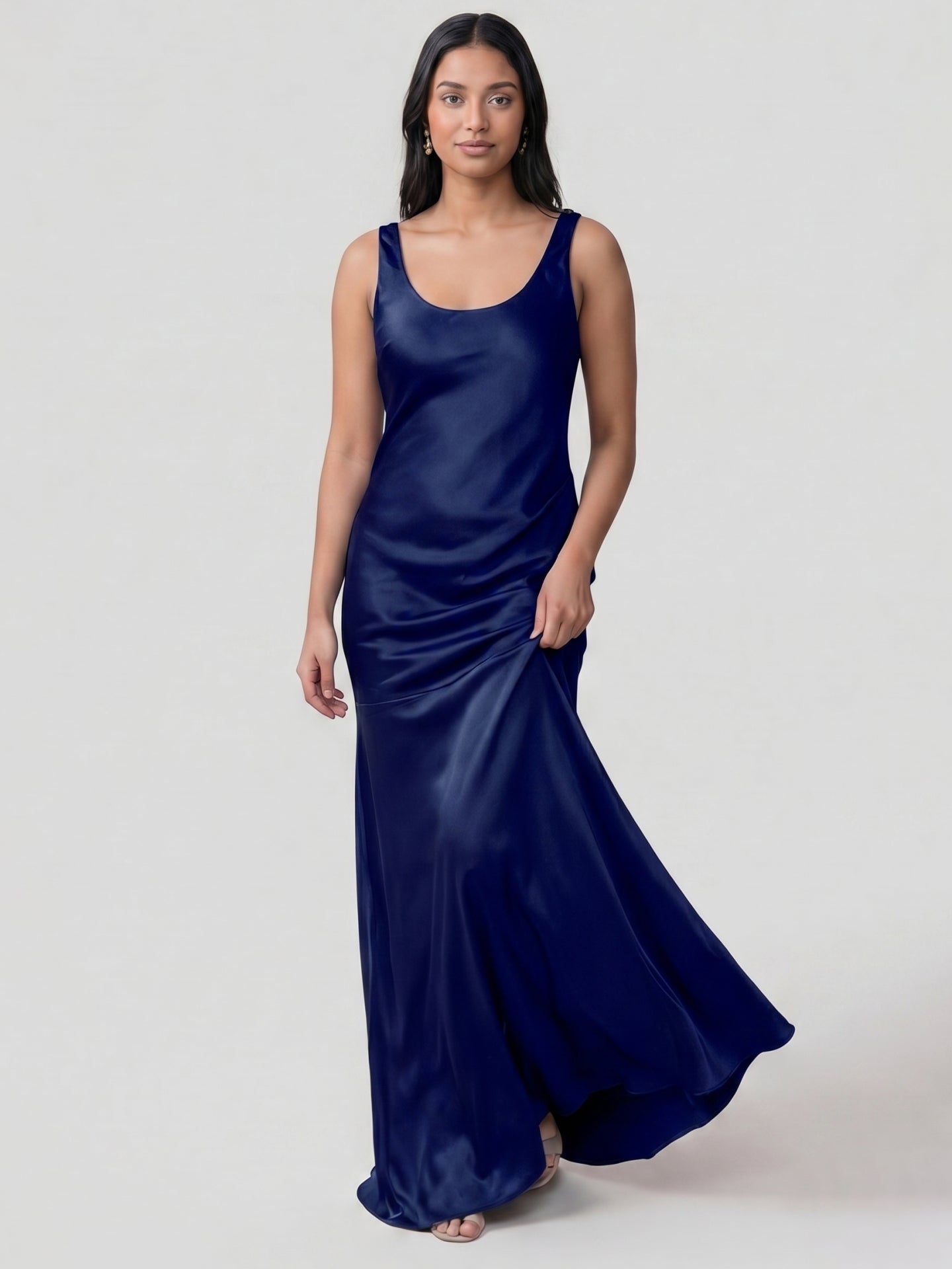 Simple Dark Navy Satin Trumpet Bridesmaid Dress