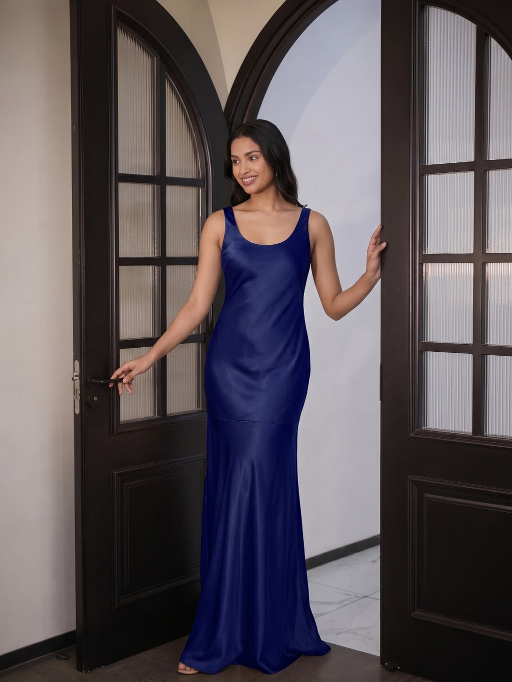 Simple Dark Navy Satin Trumpet Bridesmaid Dress