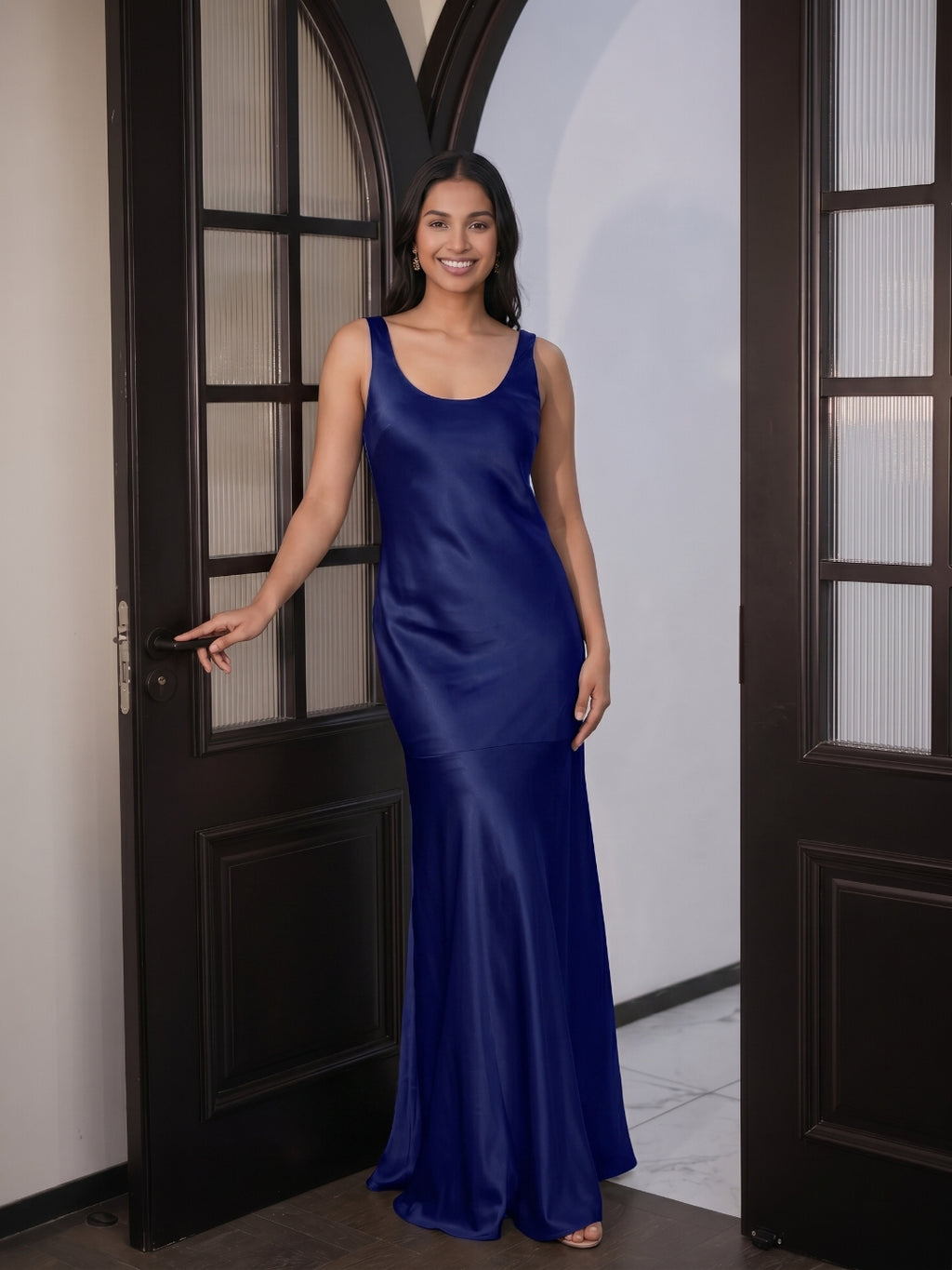 Simple Dark Navy Satin Trumpet Bridesmaid Dress
