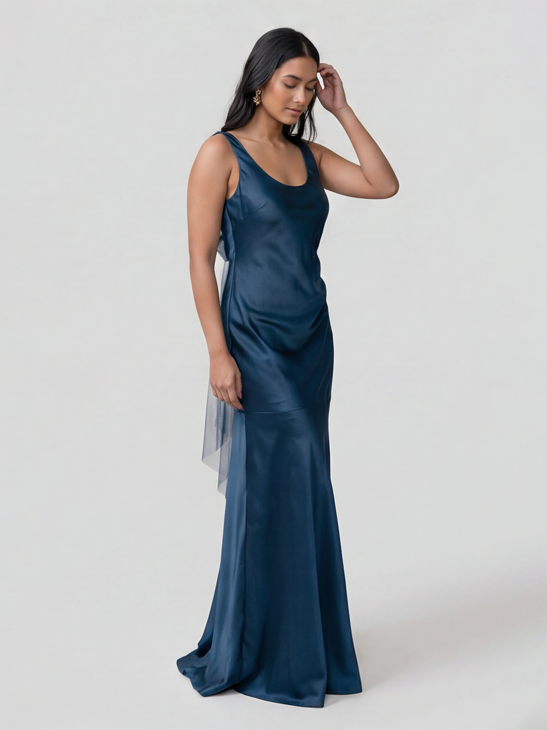 Simple Deep Sea Satin Trumpet Bridesmaid Dress