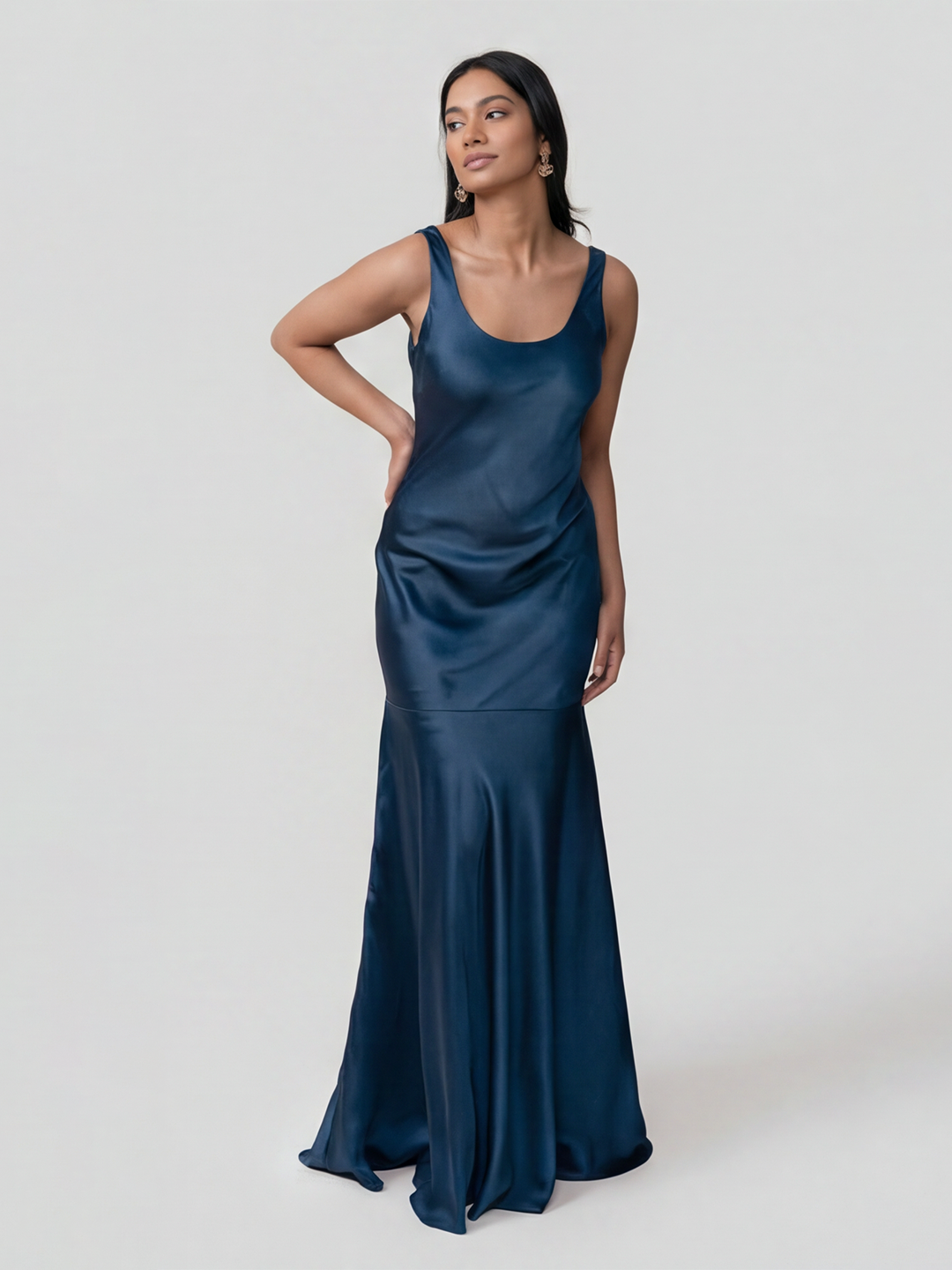 Simple Deep Sea Satin Trumpet Bridesmaid Dress