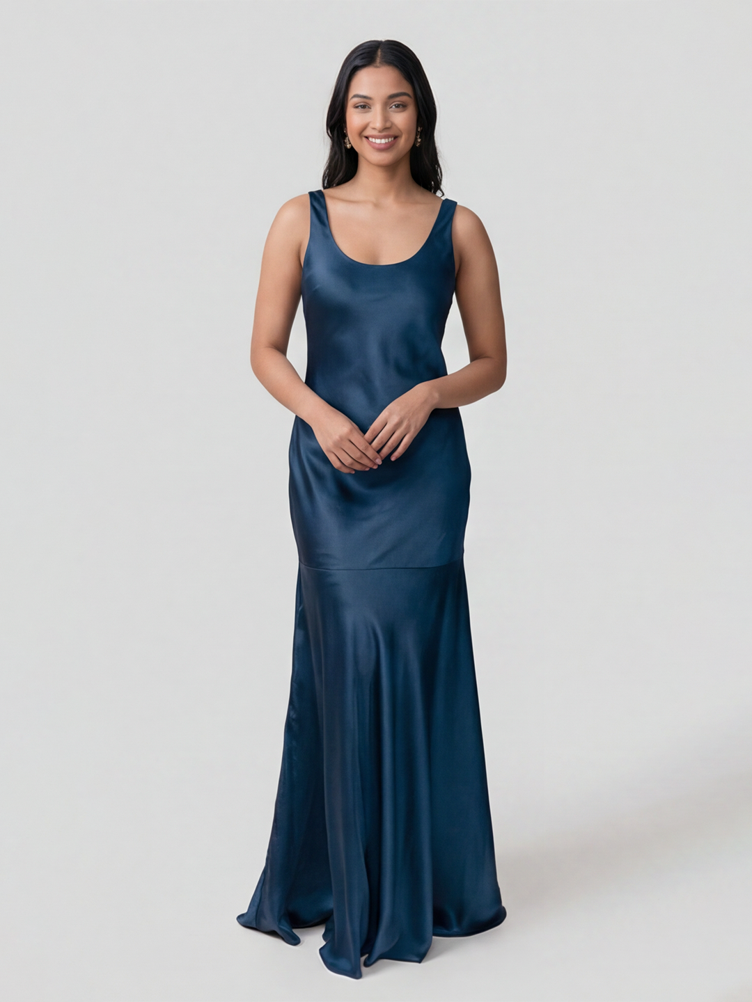 Simple Deep Sea Satin Trumpet Bridesmaid Dress