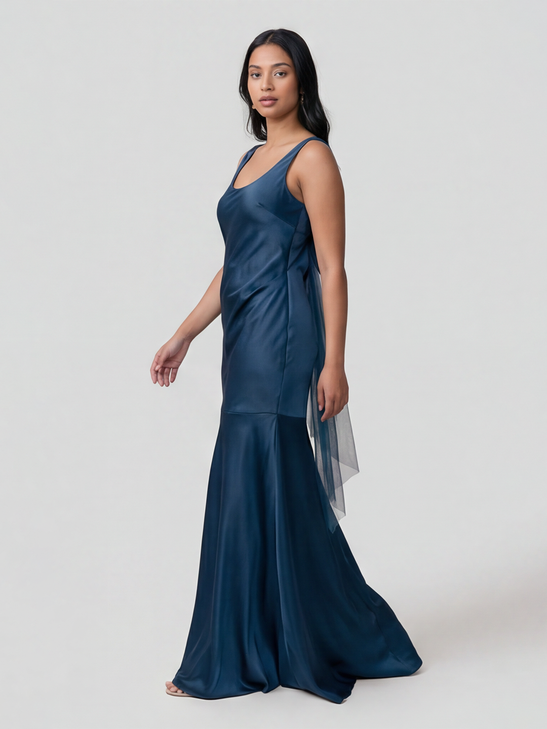 Simple Deep Sea Satin Trumpet Bridesmaid Dress