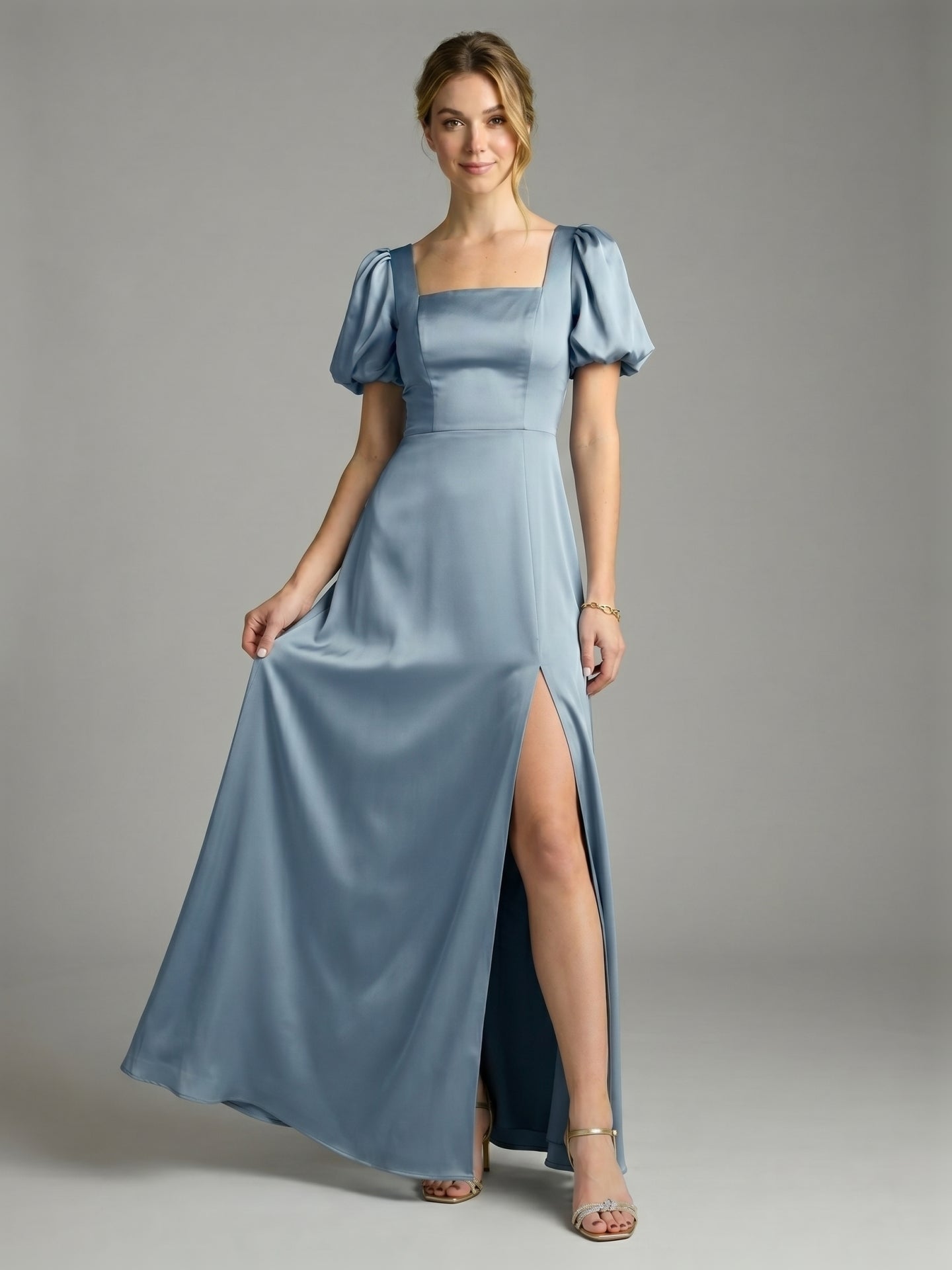 Simple Dusty Blue Satin A-Line Square Neck Back Zip Ankle-Length Bridesmaid Dress