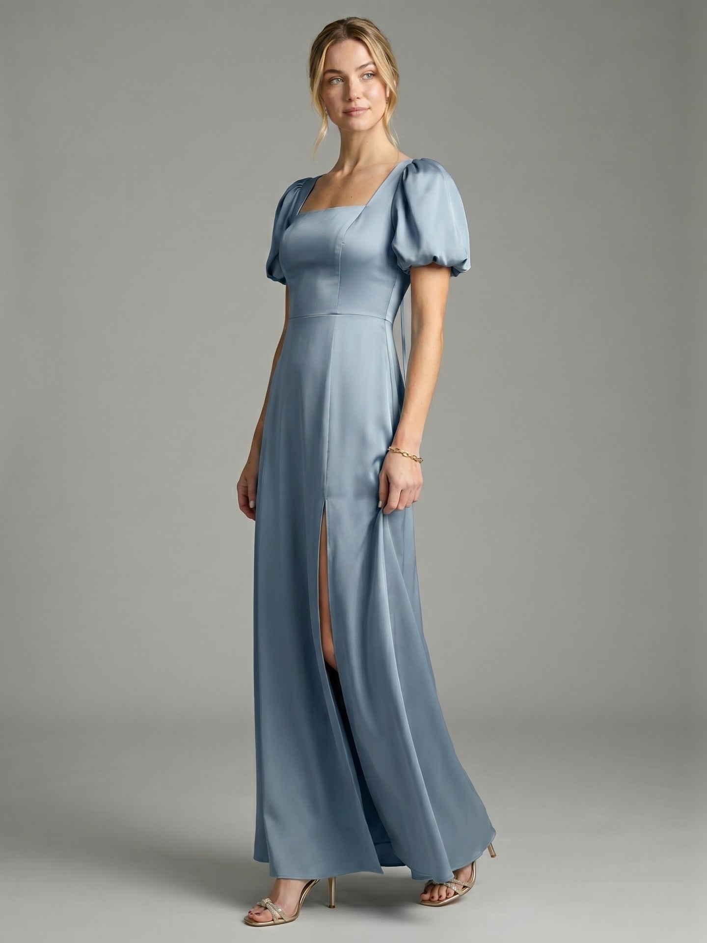 Simple Dusty Blue Satin A-Line Square Neck Back Zip Ankle-Length Bridesmaid Dress