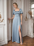 Simple Dusty Blue Satin A-Line Square Neck Back Zip Ankle-Length Bridesmaid Dress