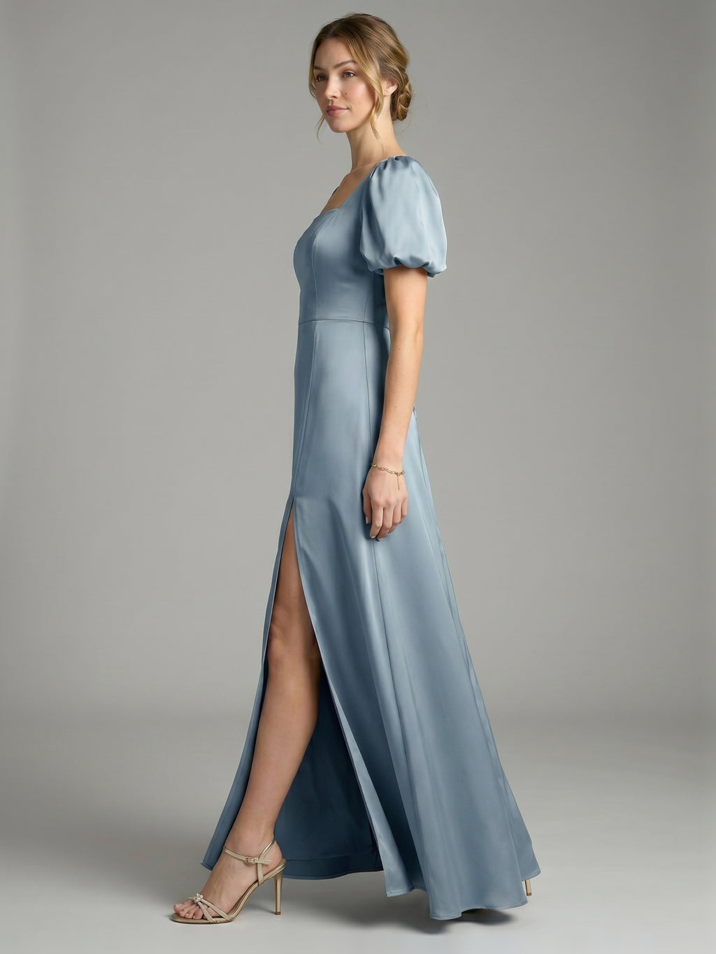 Simple Dusty Blue Satin A-Line Square Neck Back Zip Ankle-Length Bridesmaid Dress