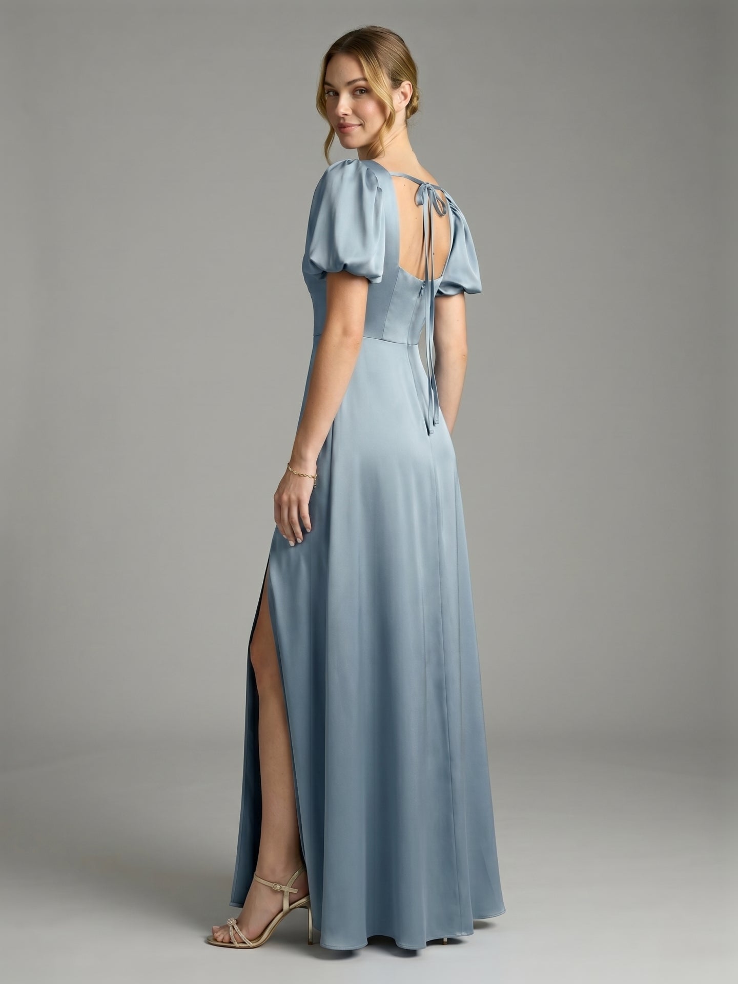 Simple Dusty Blue Satin A-Line Square Neck Back Zip Ankle-Length Bridesmaid Dress