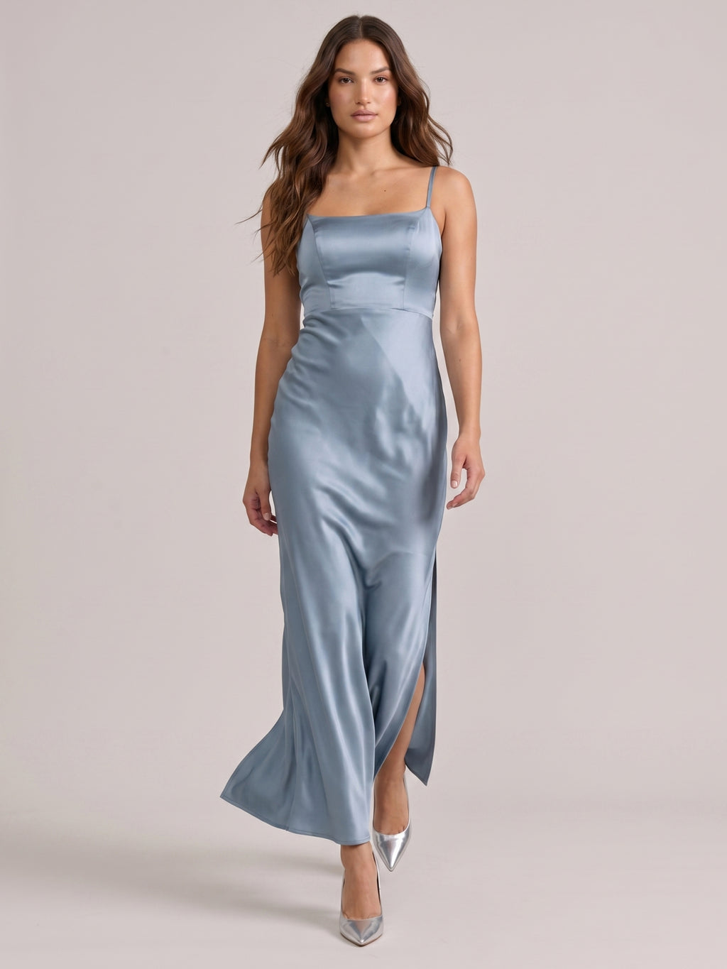 Simple Dusty Blue Satin Square Neck Backless Ankle-Length Bridesmaid Dress