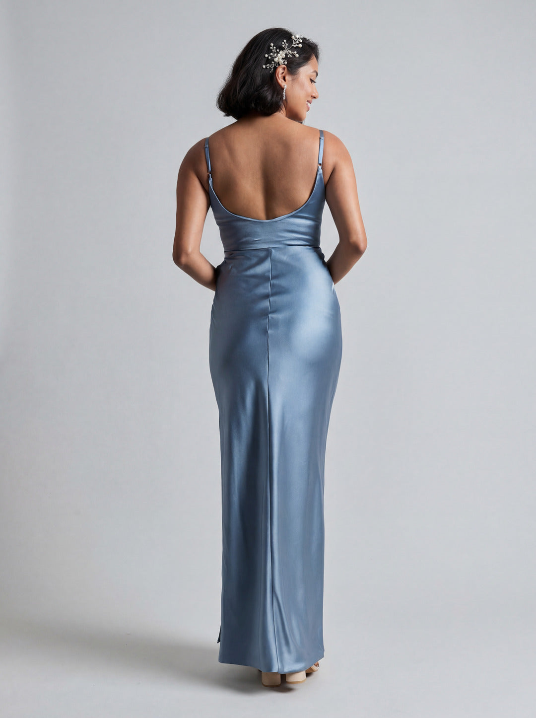 Simple Dusty Blue Satin Square Neck Backless Ankle-Length Bridesmaid Dress