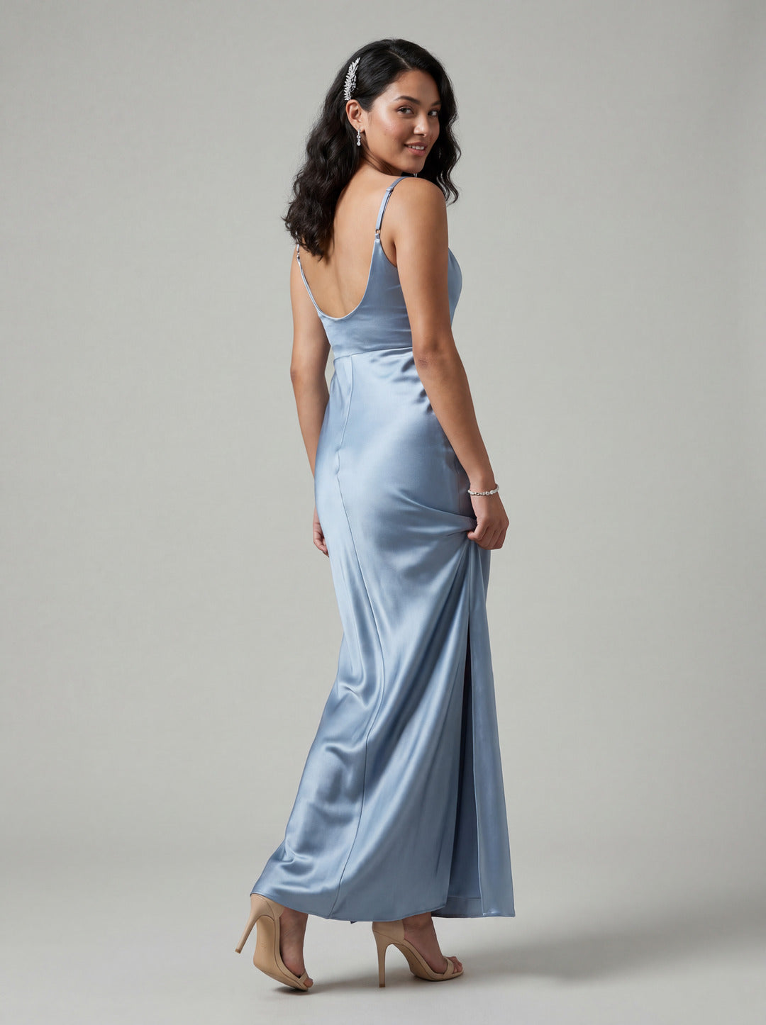 Simple Dusty Blue Satin Square Neck Backless Ankle-Length Bridesmaid Dress