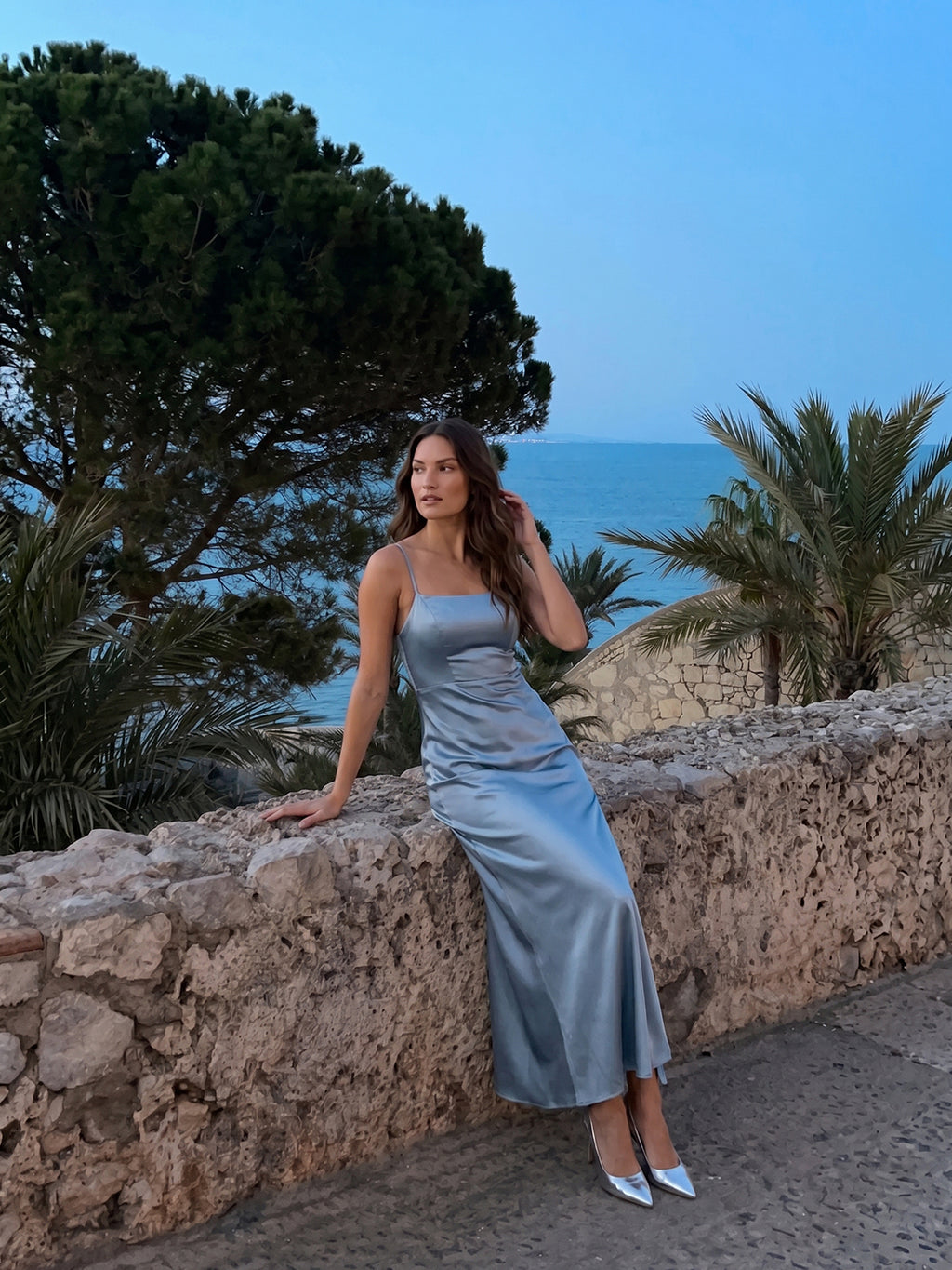Simple Dusty Blue Satin Square Neck Backless Ankle-Length Bridesmaid Dress