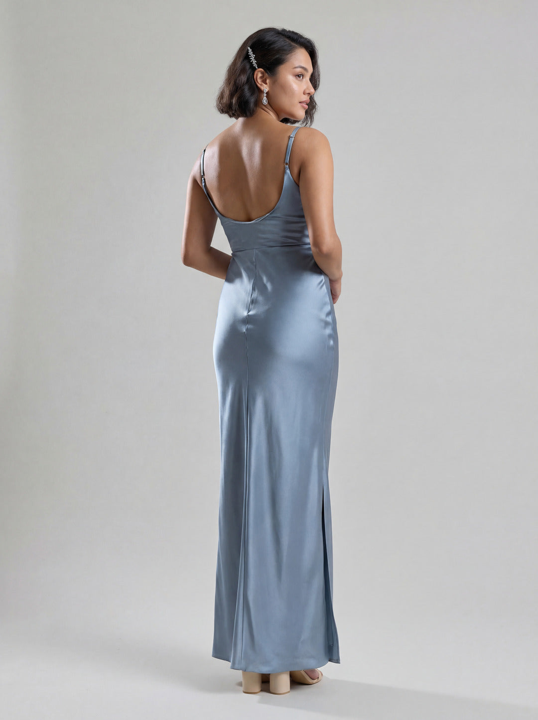 Simple Dusty Blue Satin Square Neck Backless Ankle-Length Bridesmaid Dress