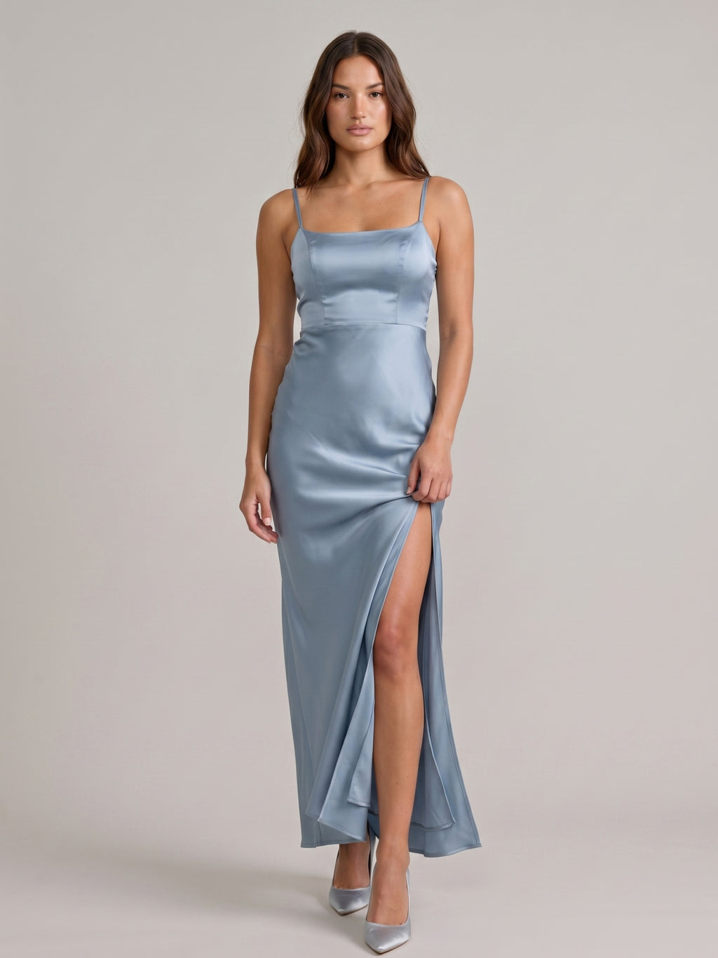 Simple Dusty Blue Satin Square Neck Backless Ankle-Length Bridesmaid Dress