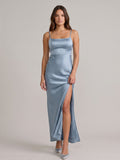 Simple Dusty Blue Satin Square Neck Backless Ankle-Length Bridesmaid Dress