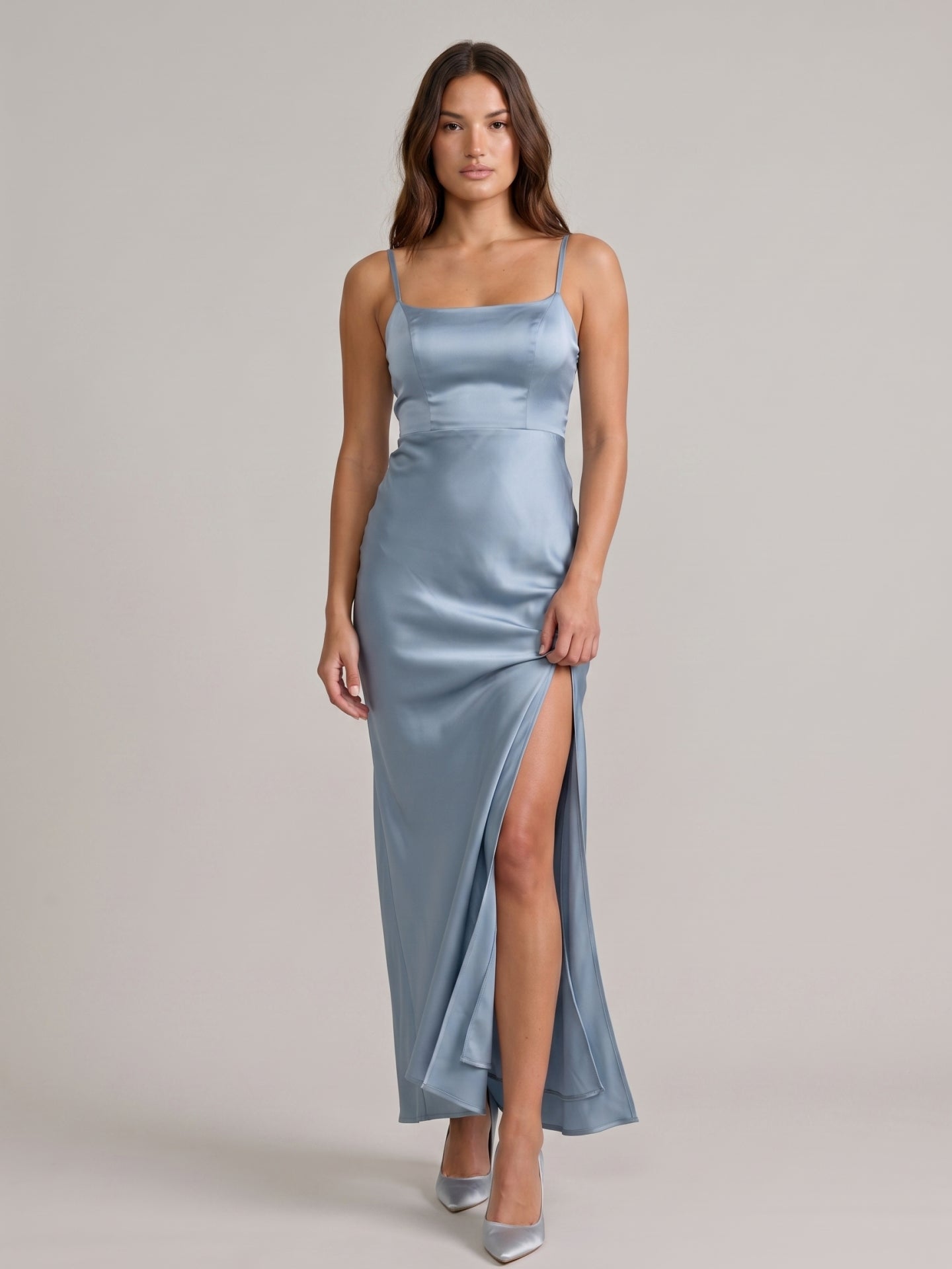 Simple Dusty Blue Satin Square Neck Backless Ankle-Length Bridesmaid Dress