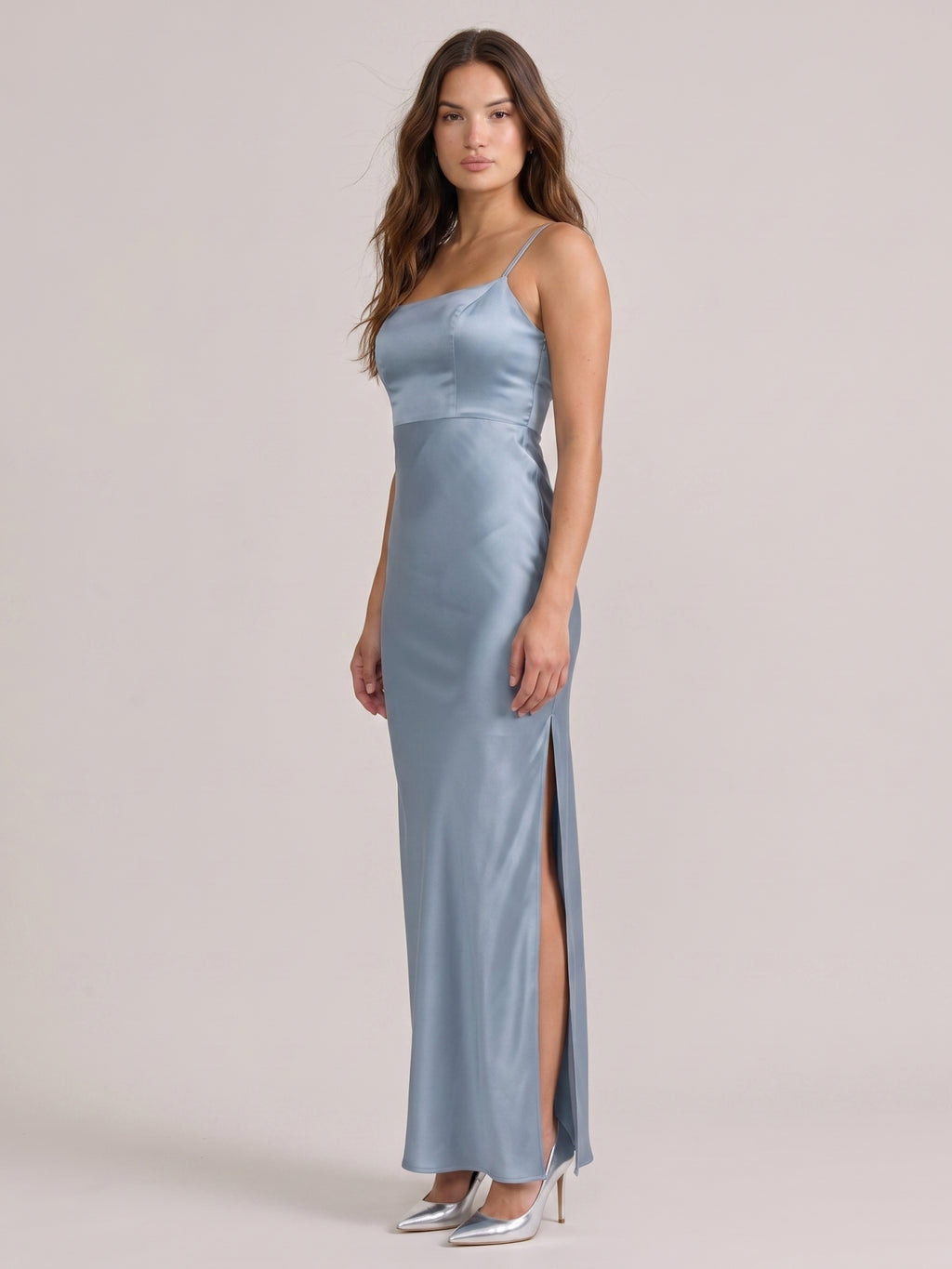 Simple Dusty Blue Satin Square Neck Backless Ankle-Length Bridesmaid Dress