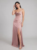 Simple Dusty Rose Satin A-Line Cowl Neck Criss-Cross Straps Ankle-Length Bridesmaid Dress
