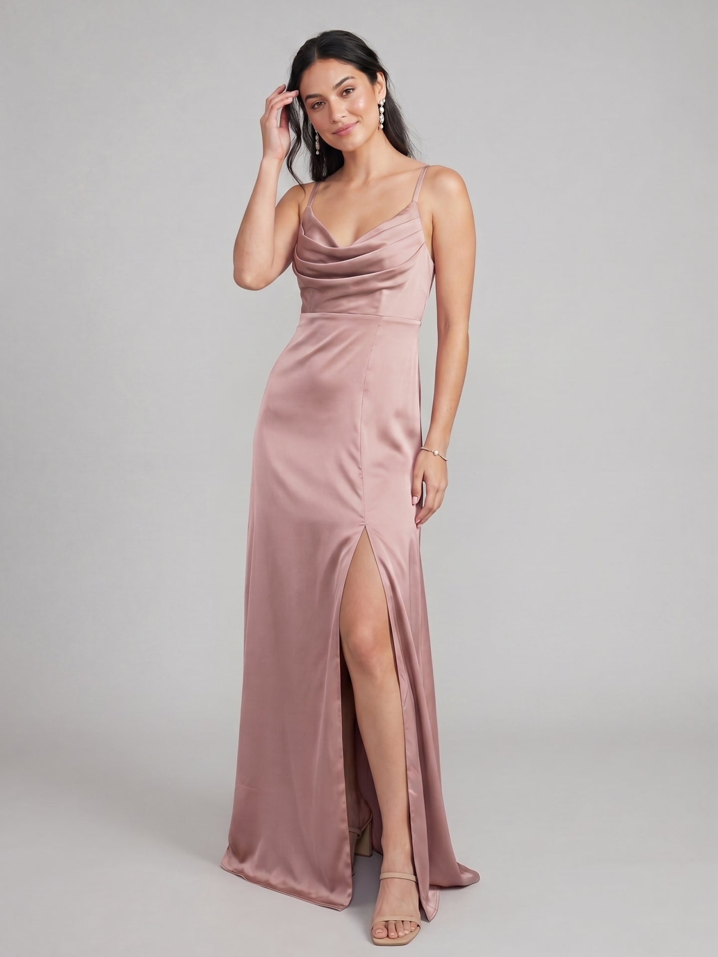 Simple Dusty Rose Satin A-Line Cowl Neck Criss-Cross Straps Ankle-Length Bridesmaid Dress