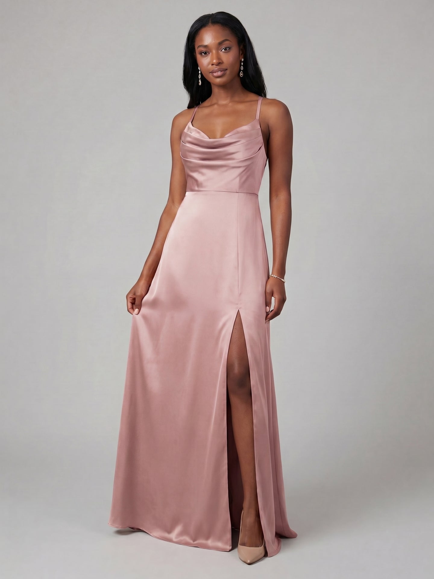 Simple Dusty Rose Satin A-Line Cowl Neck Criss-Cross Straps Ankle-Length Bridesmaid Dress