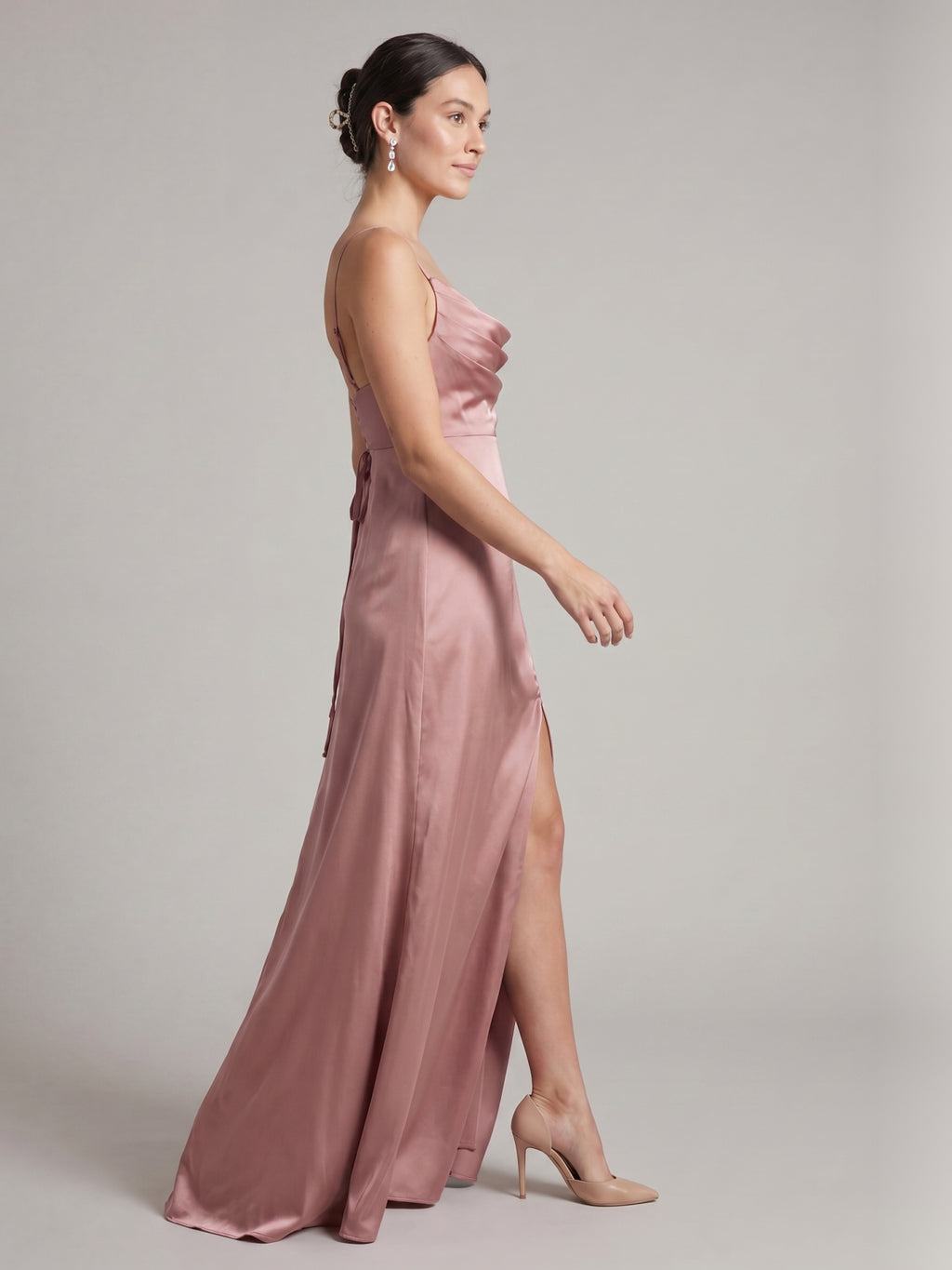 Simple Dusty Rose Satin A-Line Cowl Neck Criss-Cross Straps Ankle-Length Bridesmaid Dress