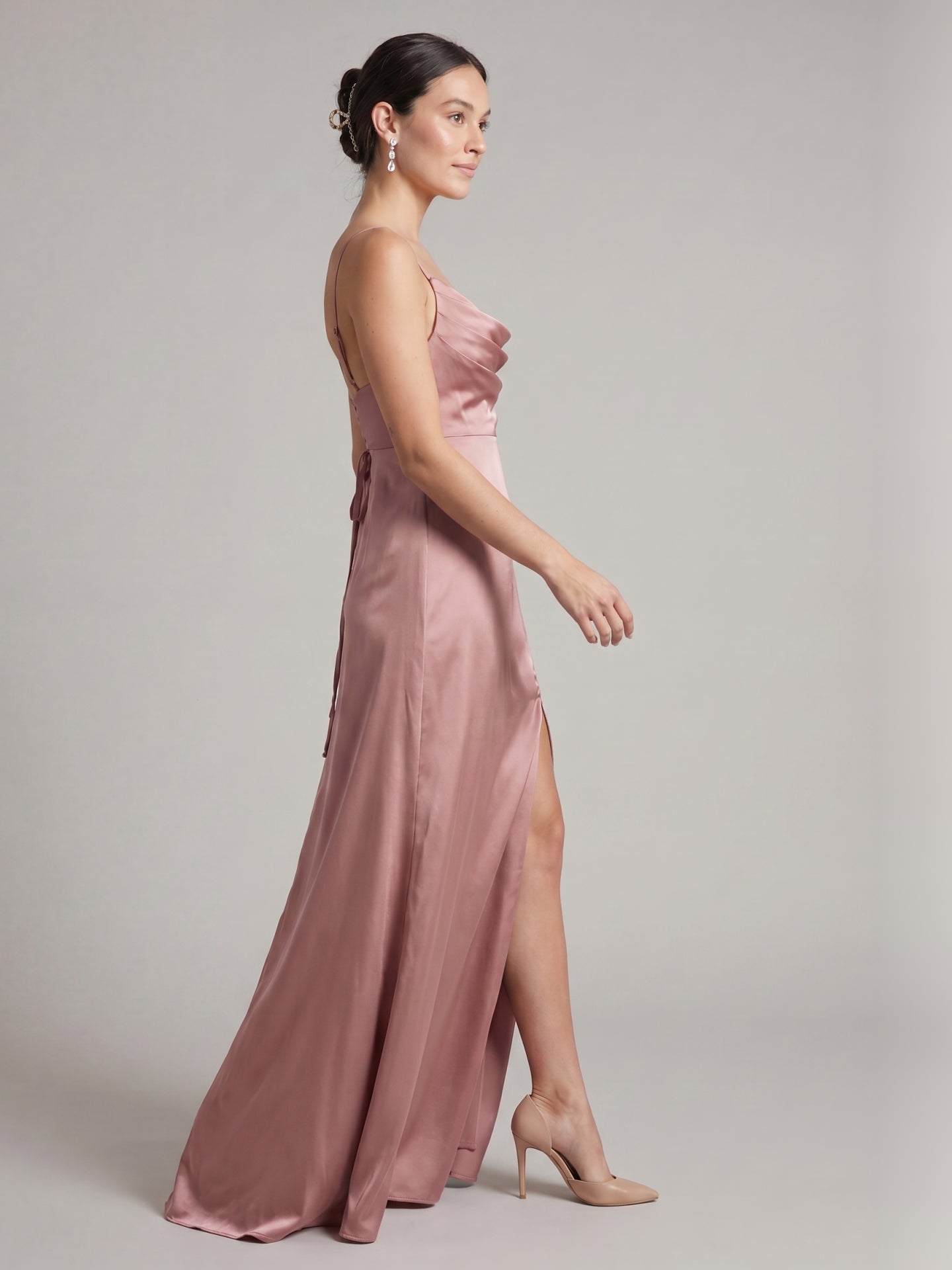 Simple Dusty Rose Satin A-Line Cowl Neck Criss-Cross Straps Ankle-Length Bridesmaid Dress
