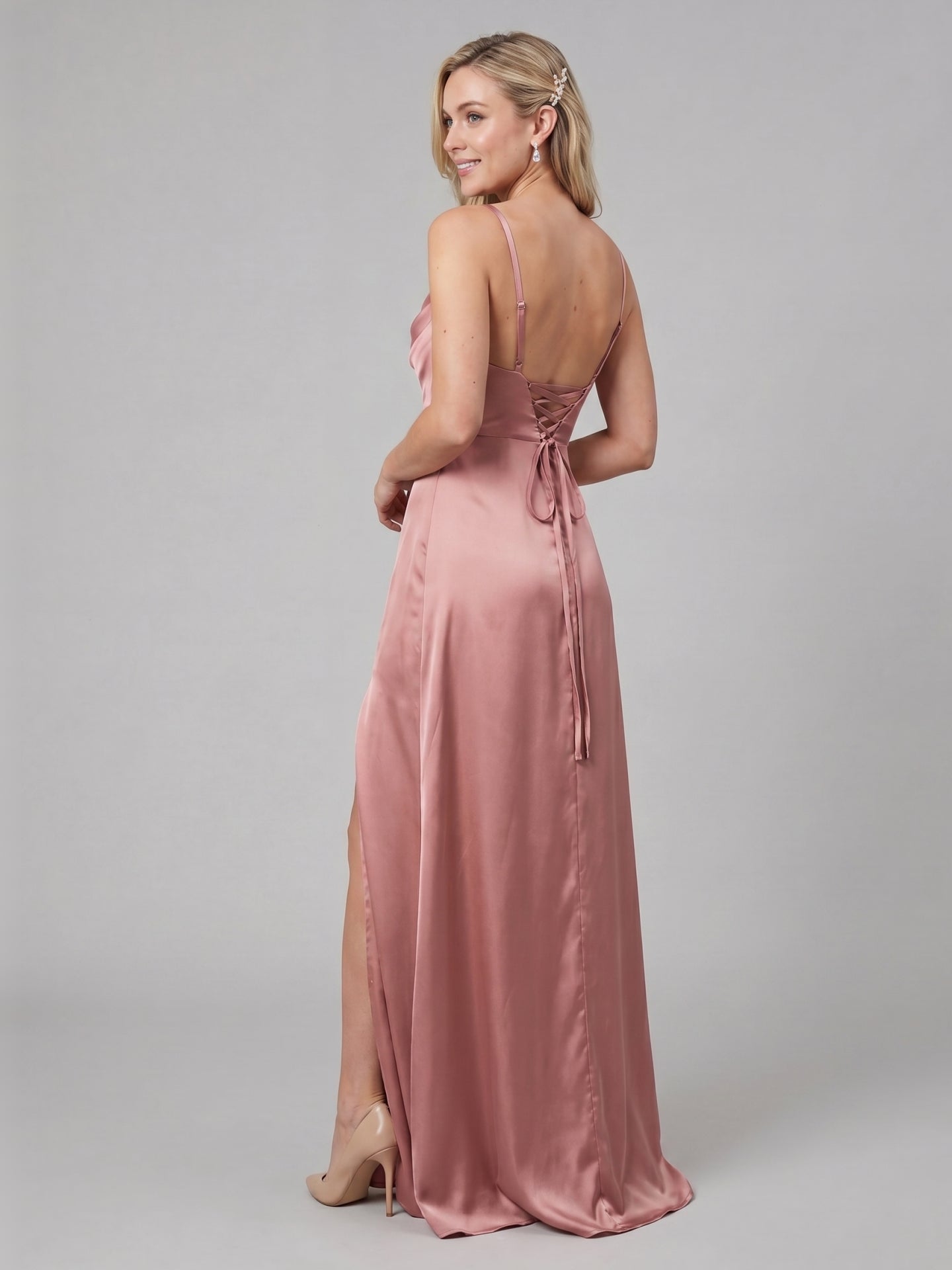 Simple Dusty Rose Satin A-Line Cowl Neck Criss-Cross Straps Ankle-Length Bridesmaid Dress
